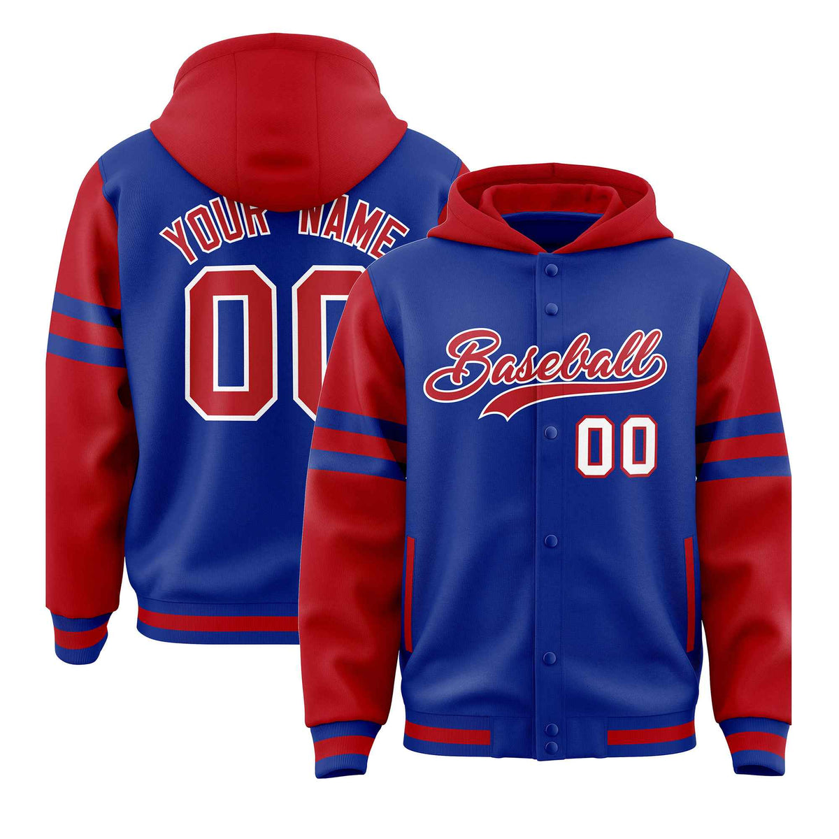 Custom Royal Red Raglan Sleeves Varsity Full-Snap Letterman Three Stripes Jacket Hoodie| KXKSHOP
