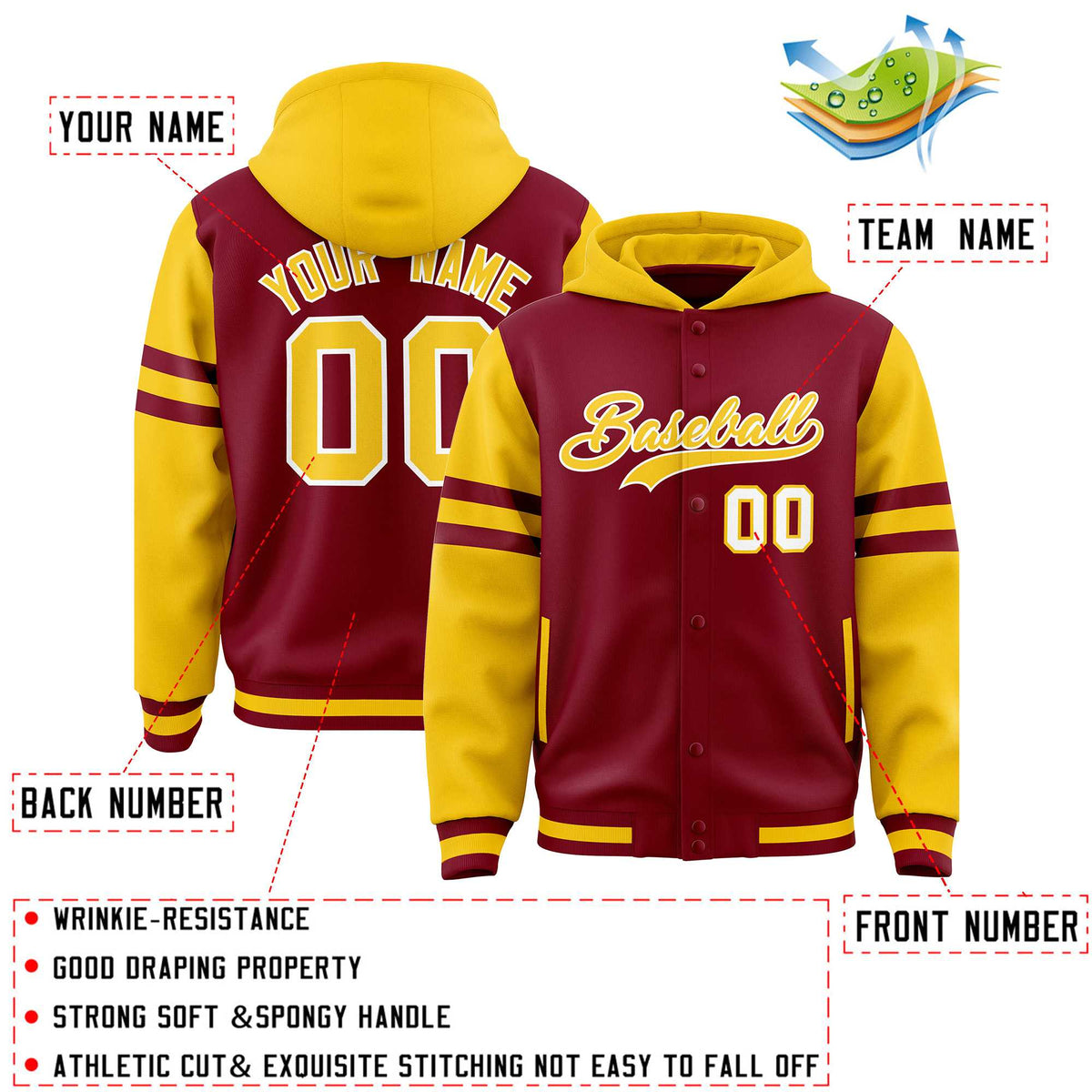 Custom Crimson Gold Raglan Sleeves Varsity Full-Snap Letterman Three Stripes Jacket Hoodie| KXKSHOP