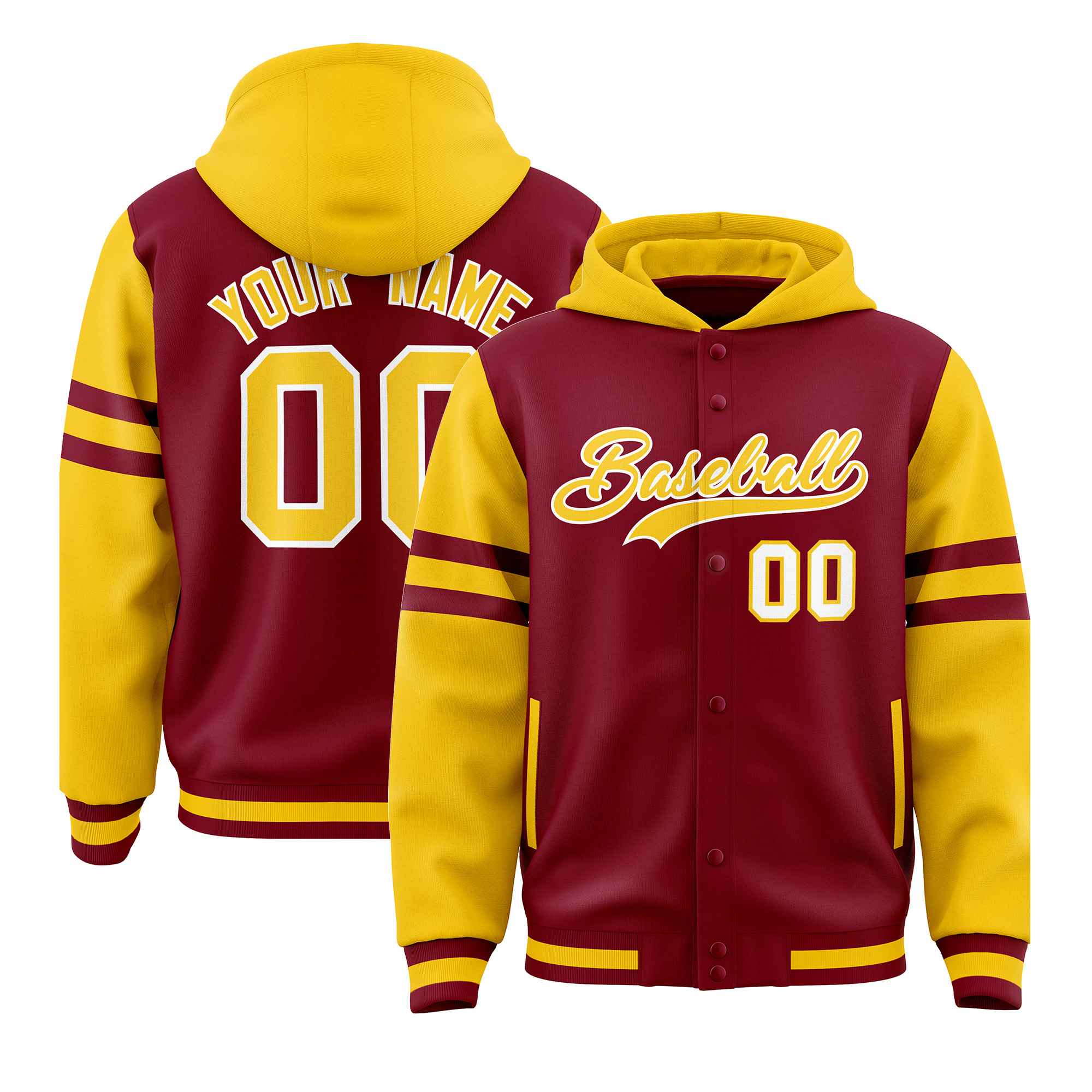 Custom Crimson Gold Raglan Sleeves Varsity Full-Snap Letterman Three Stripes Jacket Hoodie| KXKSHOP