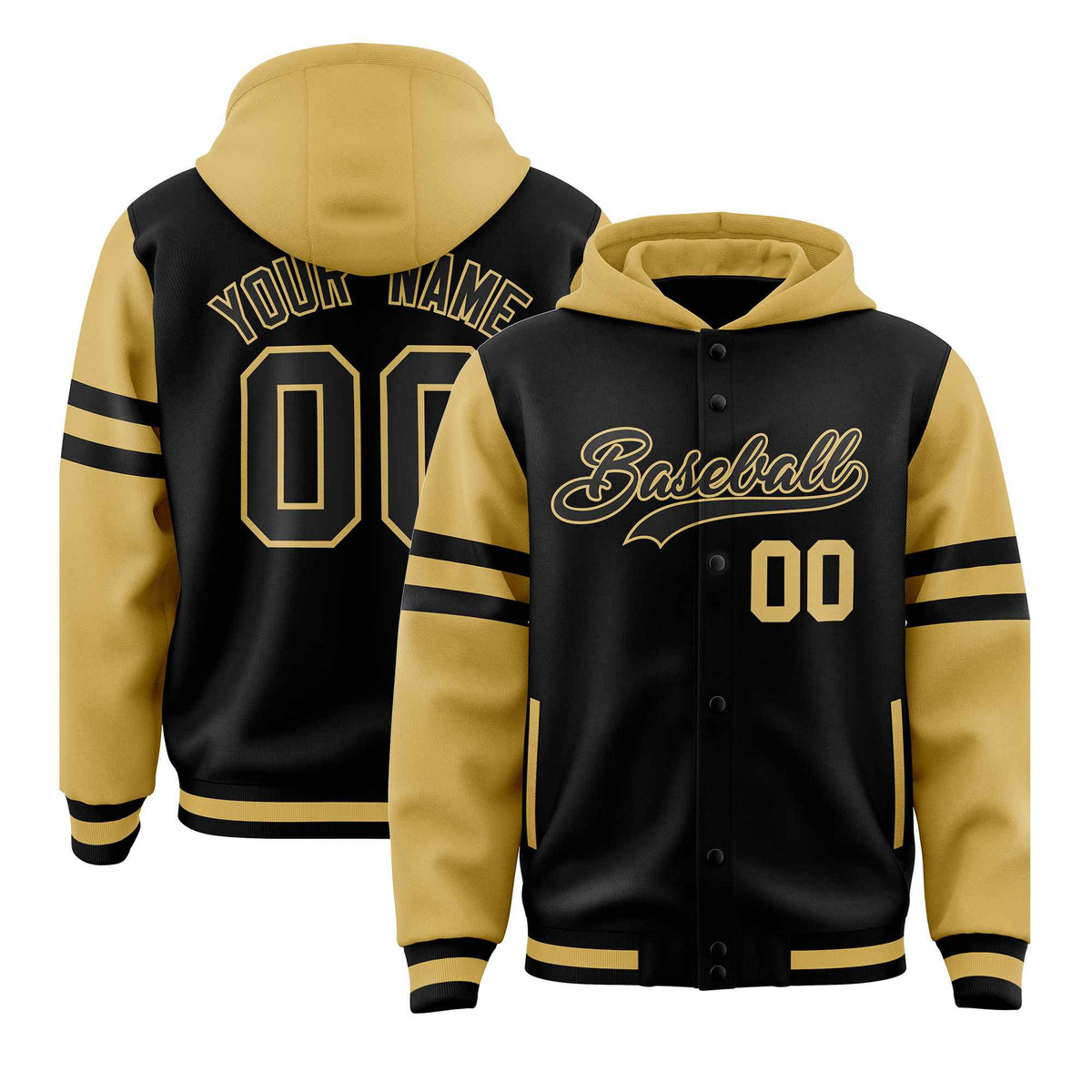 Custom Black Old Gold Raglan Sleeves Varsity Full-Snap Letterman Three Stripes Jacket Hoodie| KXKSHOP