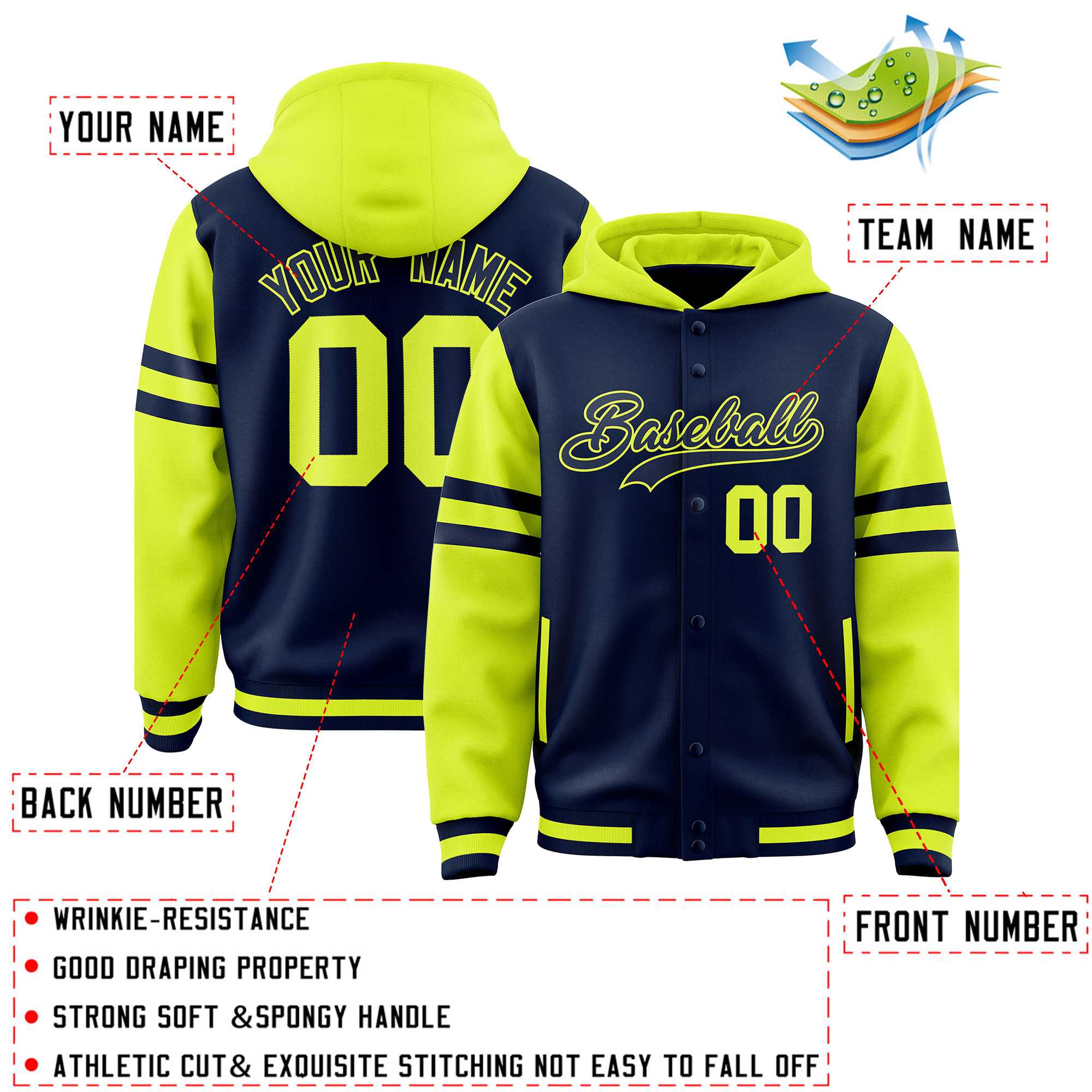 Custom Navy Fluorescent Green Raglan Sleeves Varsity Full-Snap Letterman Three Stripes Jacket Hoodie| KXKSHOP