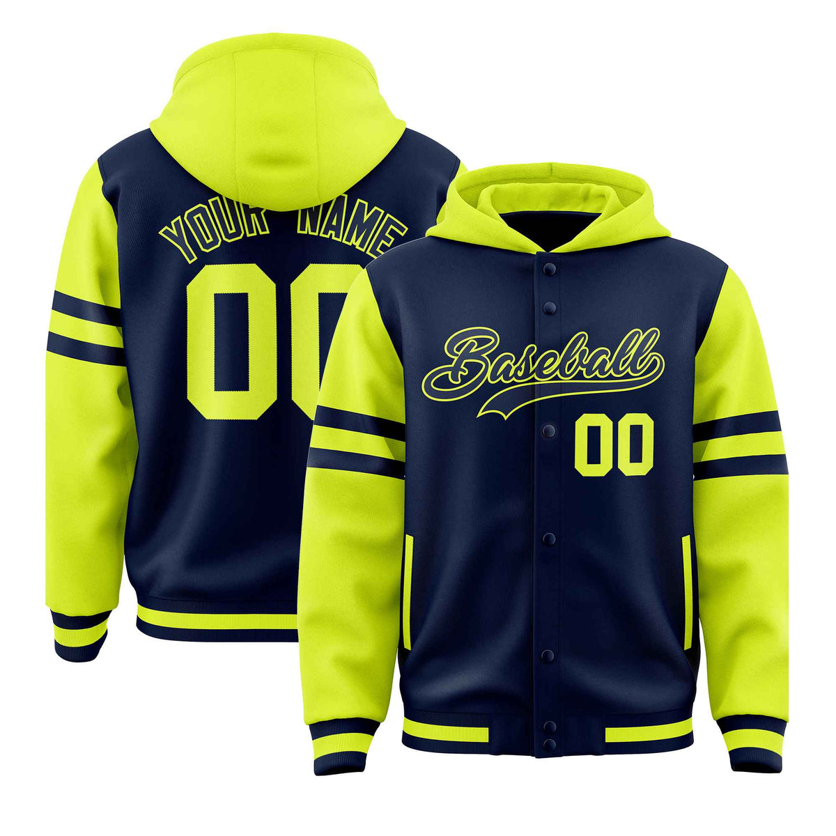 Custom Navy Fluorescent Green Raglan Sleeves Varsity Full-Snap Letterman Three Stripes Jacket Hoodie| KXKSHOP