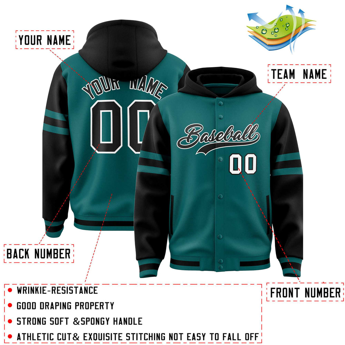 Custom Aqua Black Raglan Sleeves Varsity Full-Snap Letterman Three Stripes Jacket Hoodie| KXKSHOP