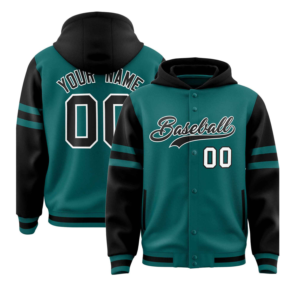 Custom Aqua Black Raglan Sleeves Varsity Full-Snap Letterman Three Stripes Jacket Hoodie| KXKSHOP