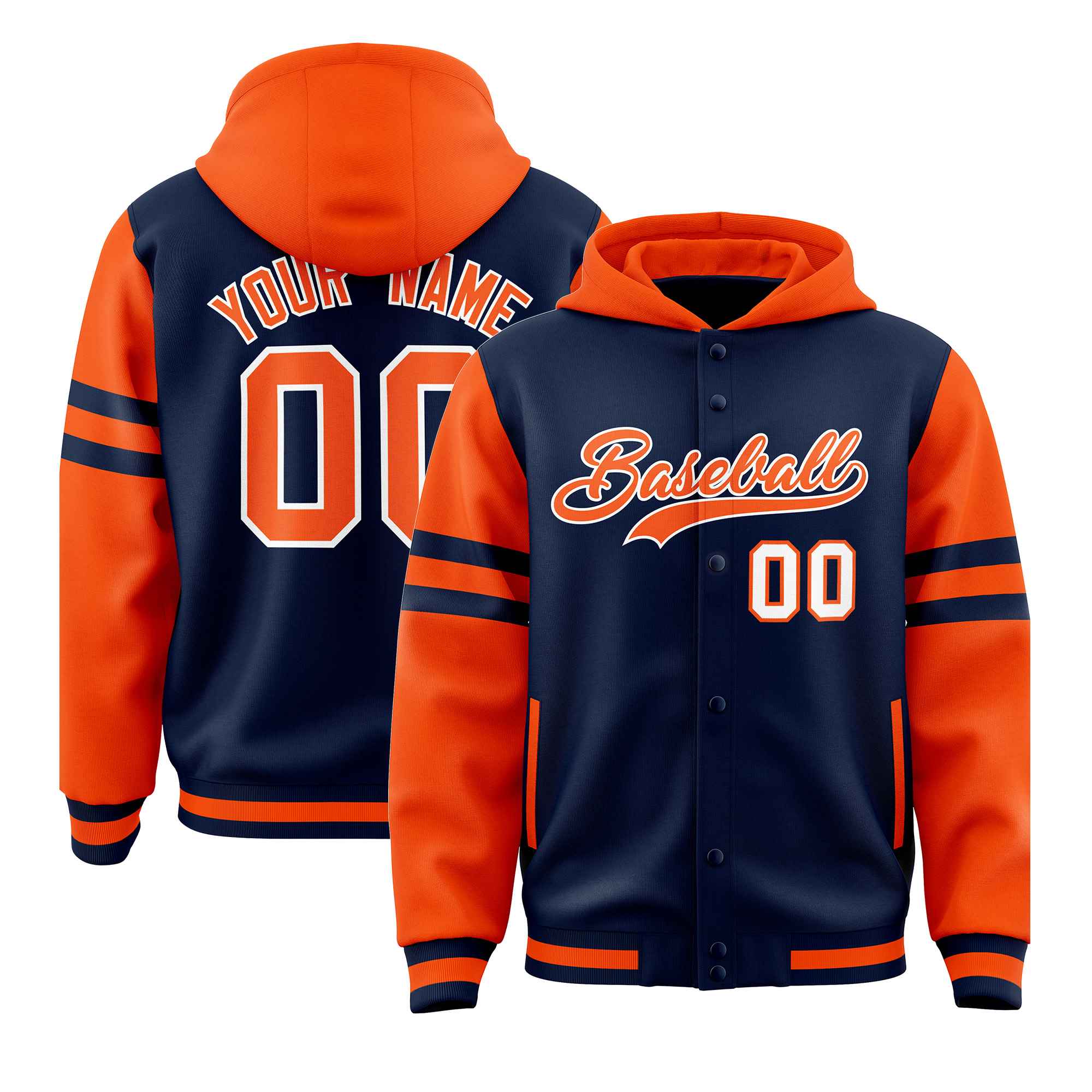 Custom Navy Orange Raglan Sleeves Varsity Full-Snap Letterman Three Stripes Jacket Hoodie| KXKSHOP