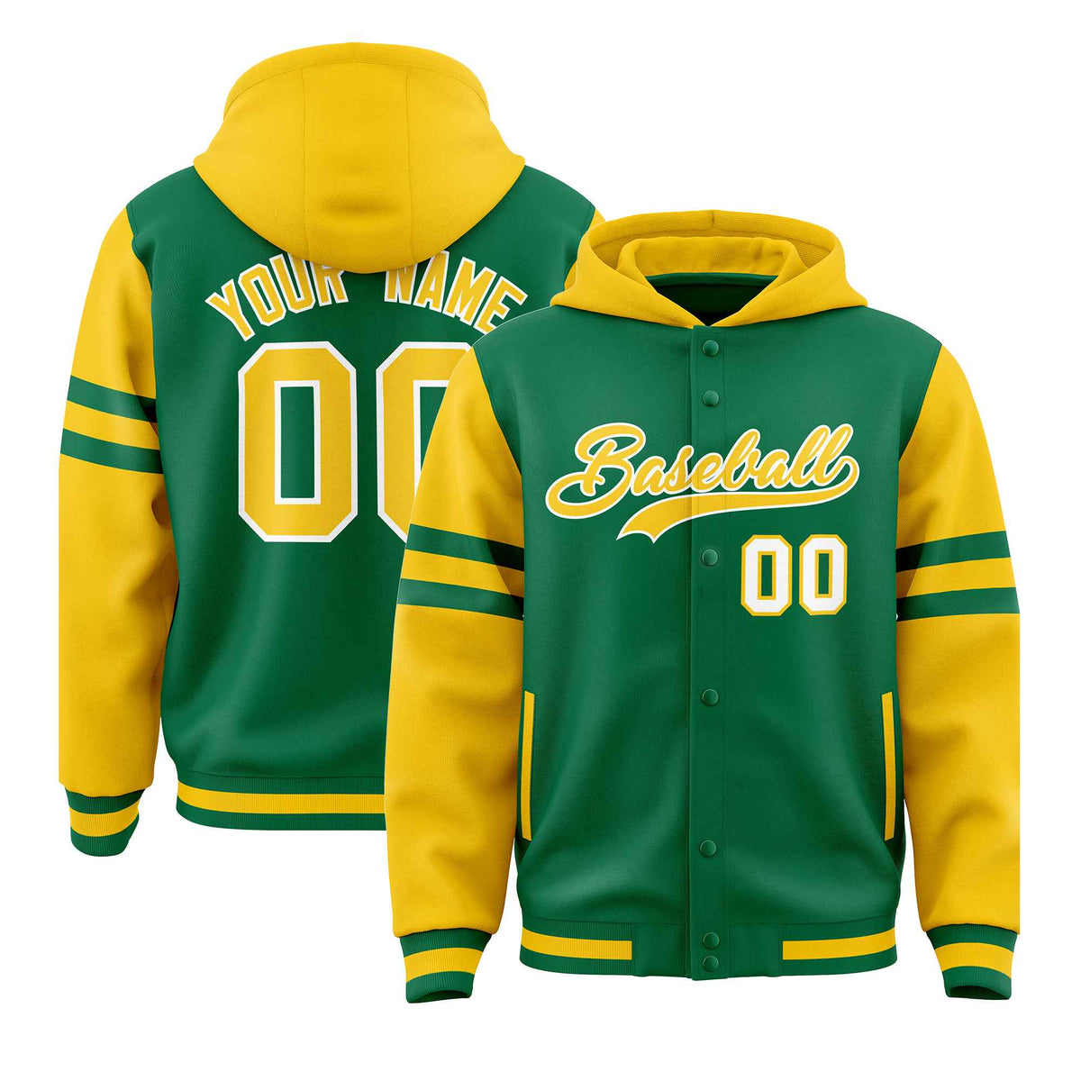 Custom Kelly Green Gold Raglan Sleeves Varsity Full-Snap Letterman Three Stripes Jacket Hoodie| KXKSHOP