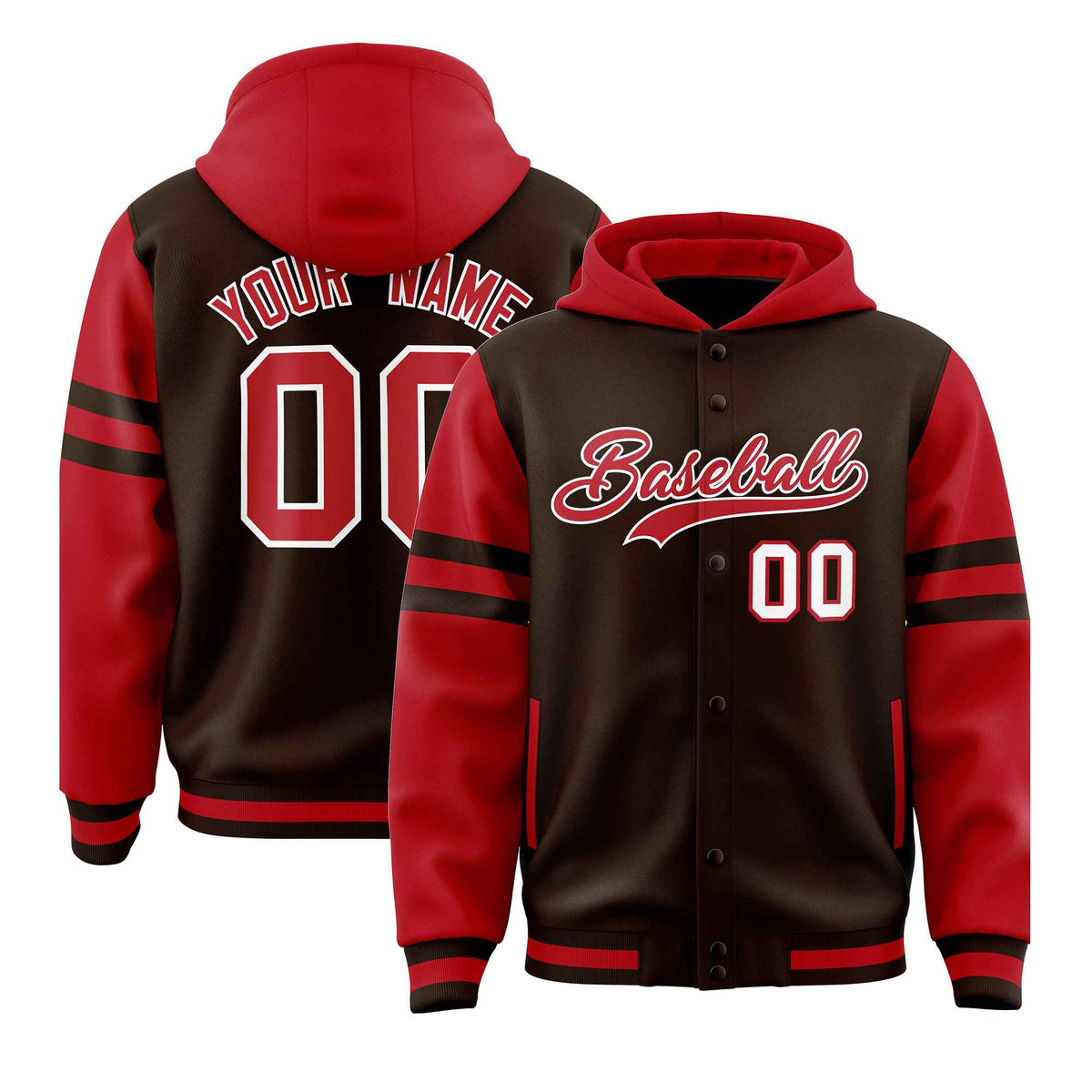 Custom Brown Red Raglan Sleeves Varsity Full-Snap Letterman Three Stripes Jacket Hoodie| KXKSHOP