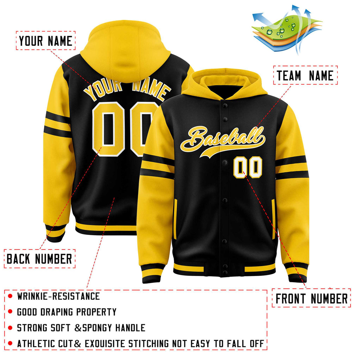 Custom Black Gold Raglan Sleeves Varsity Full-Snap Letterman Three Stripes Jacket Hoodie| KXKSHOP