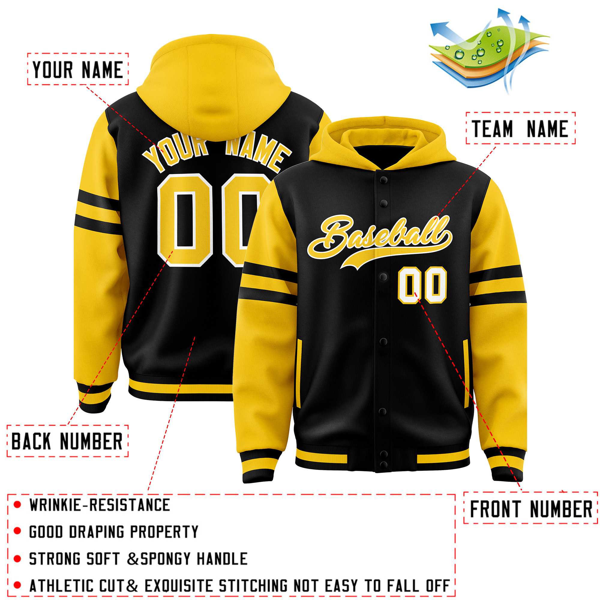 Custom Black Gold Raglan Sleeves Varsity Full-Snap Letterman Three Stripes Jacket Hoodie| KXKSHOP