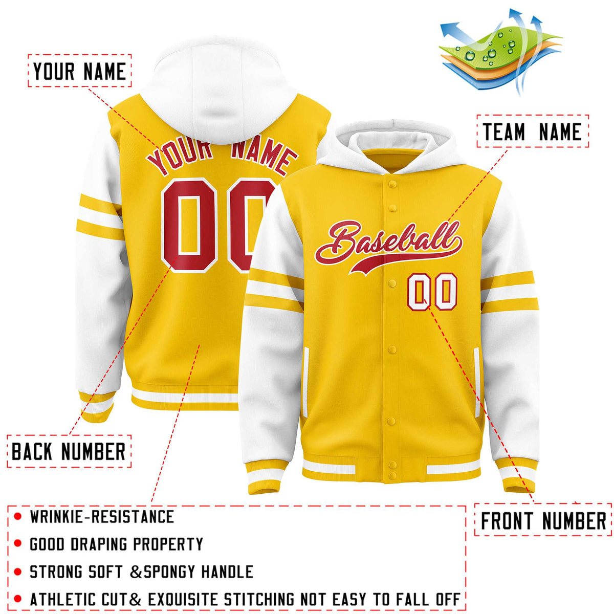 Custom Gold White Raglan Sleeves Varsity Full-Snap Letterman Three Stripes Jacket Hoodie| KXKSHOP