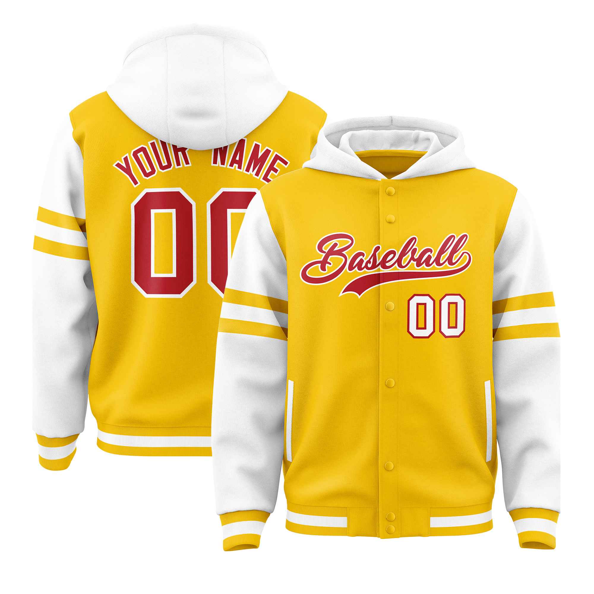 Custom Gold White Raglan Sleeves Varsity Full-Snap Letterman Three Stripes Jacket Hoodie| KXKSHOP