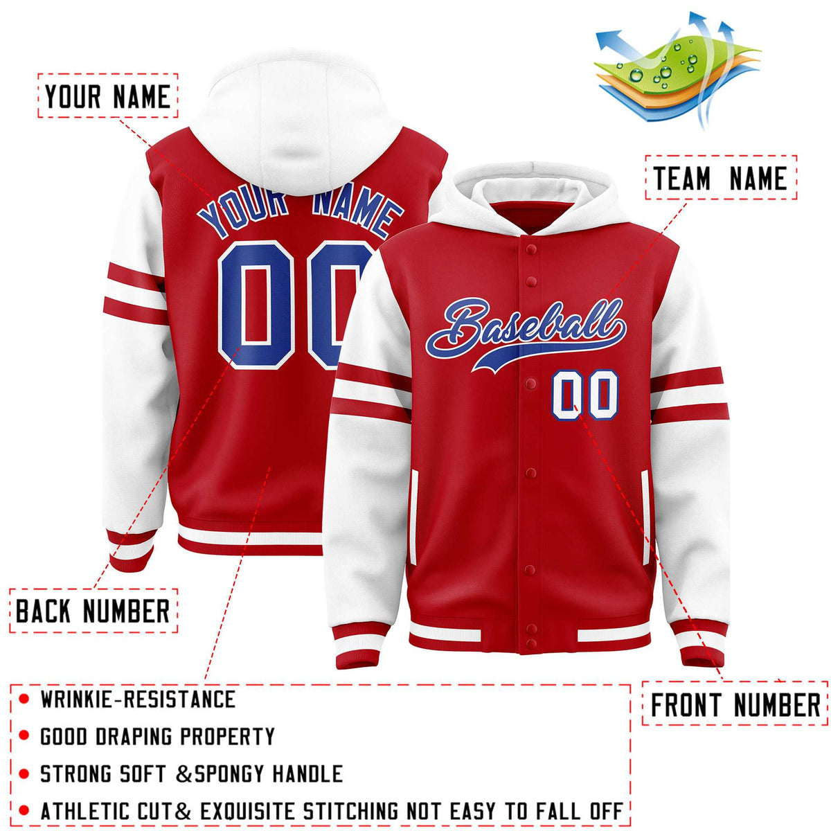 Custom Red White Raglan Sleeves Varsity Full-Snap Letterman Three Stripes Jacket Hoodie| KXKSHOP