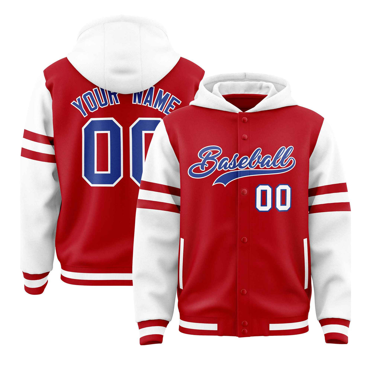 Custom Red White Raglan Sleeves Varsity Full-Snap Letterman Three Stripes Jacket Hoodie| KXKSHOP