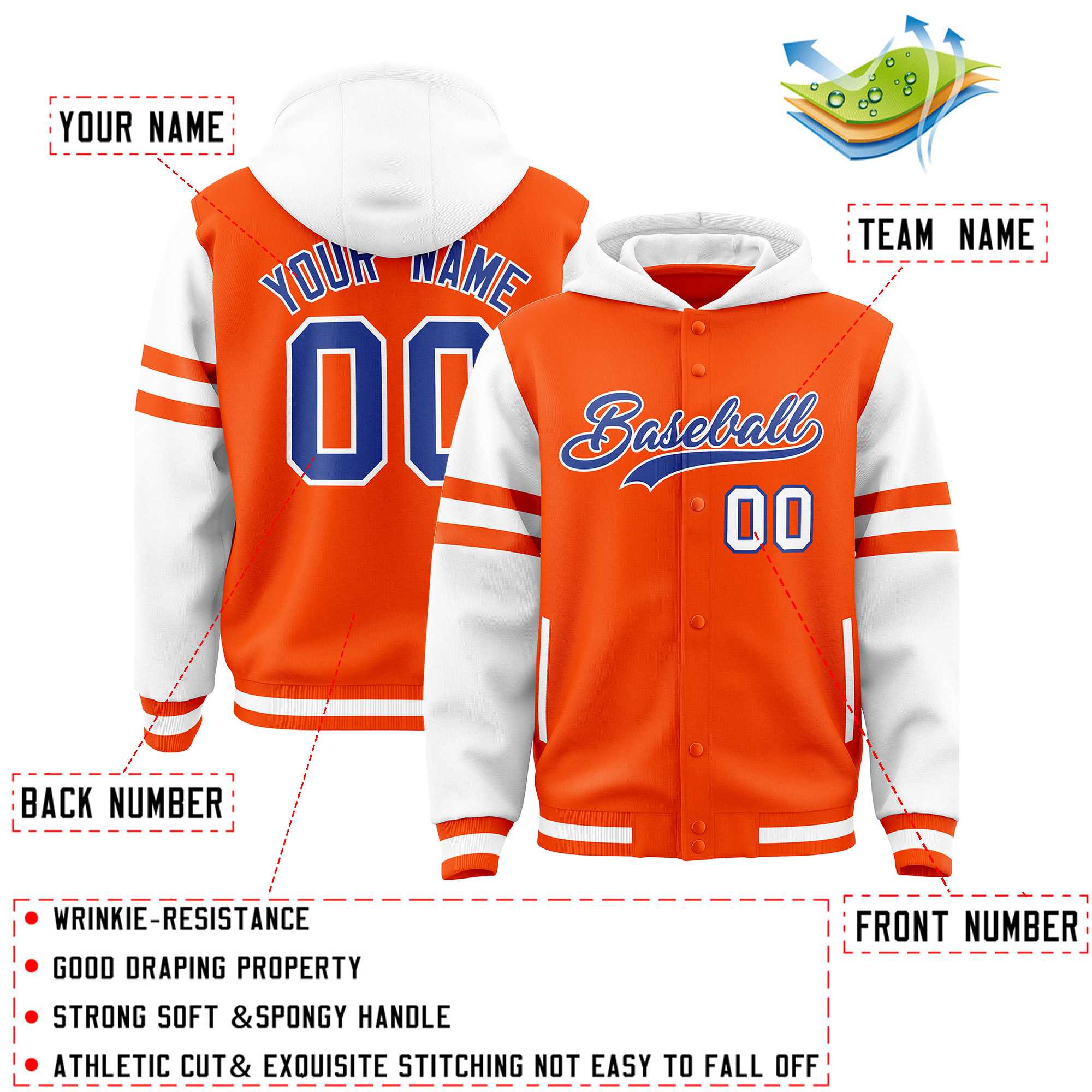 Custom Orange White Raglan Sleeves Varsity Full-Snap Letterman Three Stripes Jacket Hoodie| KXKSHOP