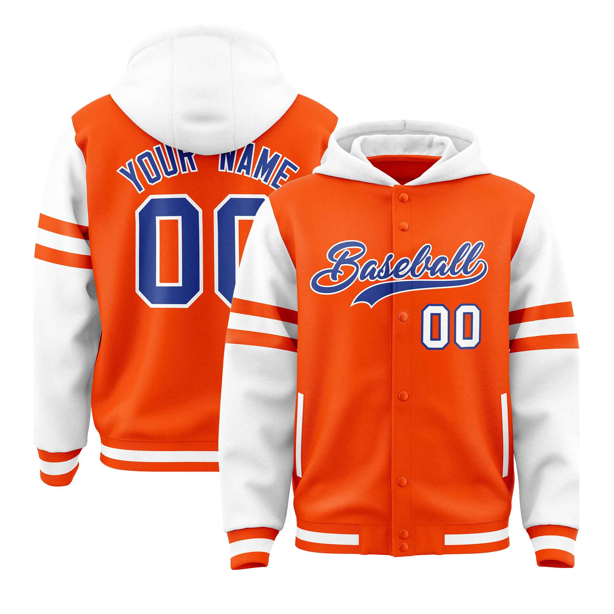 Custom Orange White Raglan Sleeves Varsity Full-Snap Letterman Three Stripes Jacket Hoodie| KXKSHOP