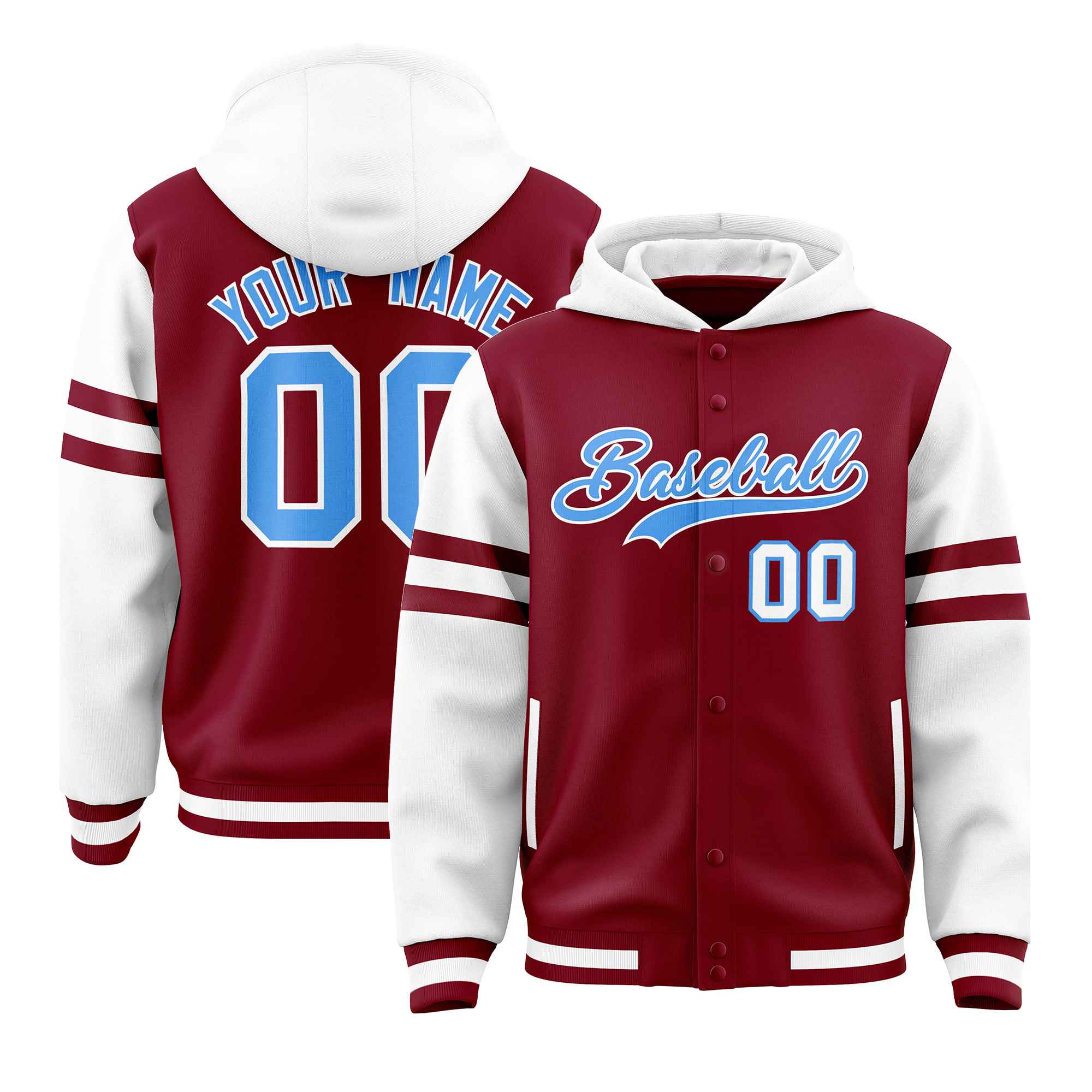 Custom Crimson White Raglan Sleeves Varsity Full-Snap Letterman Three Stripes Jacket Hoodie| KXKSHOP