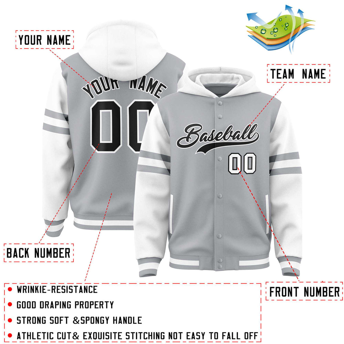 Custom Silver White Raglan Sleeves Varsity Full-Snap Letterman Three Stripes Jacket Hoodie| KXKSHOP