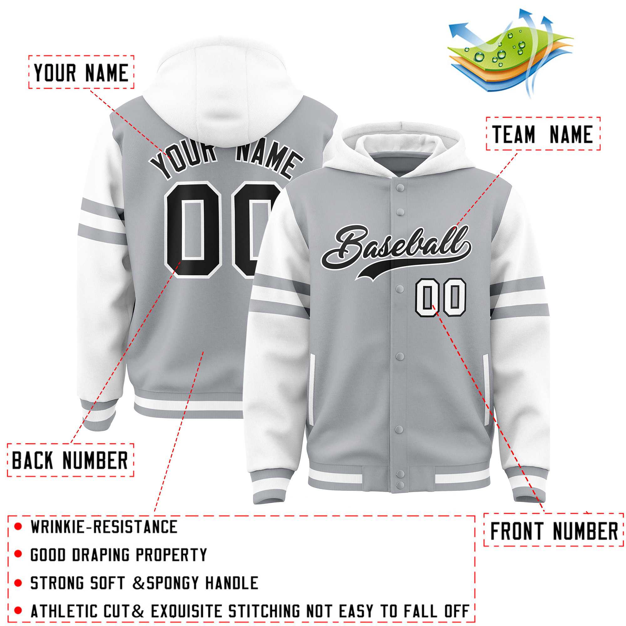 Custom Silver White Raglan Sleeves Varsity Full-Snap Letterman Three Stripes Jacket Hoodie| KXKSHOP