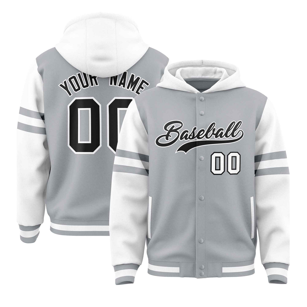 Custom Silver White Raglan Sleeves Varsity Full-Snap Letterman Three Stripes Jacket Hoodie| KXKSHOP