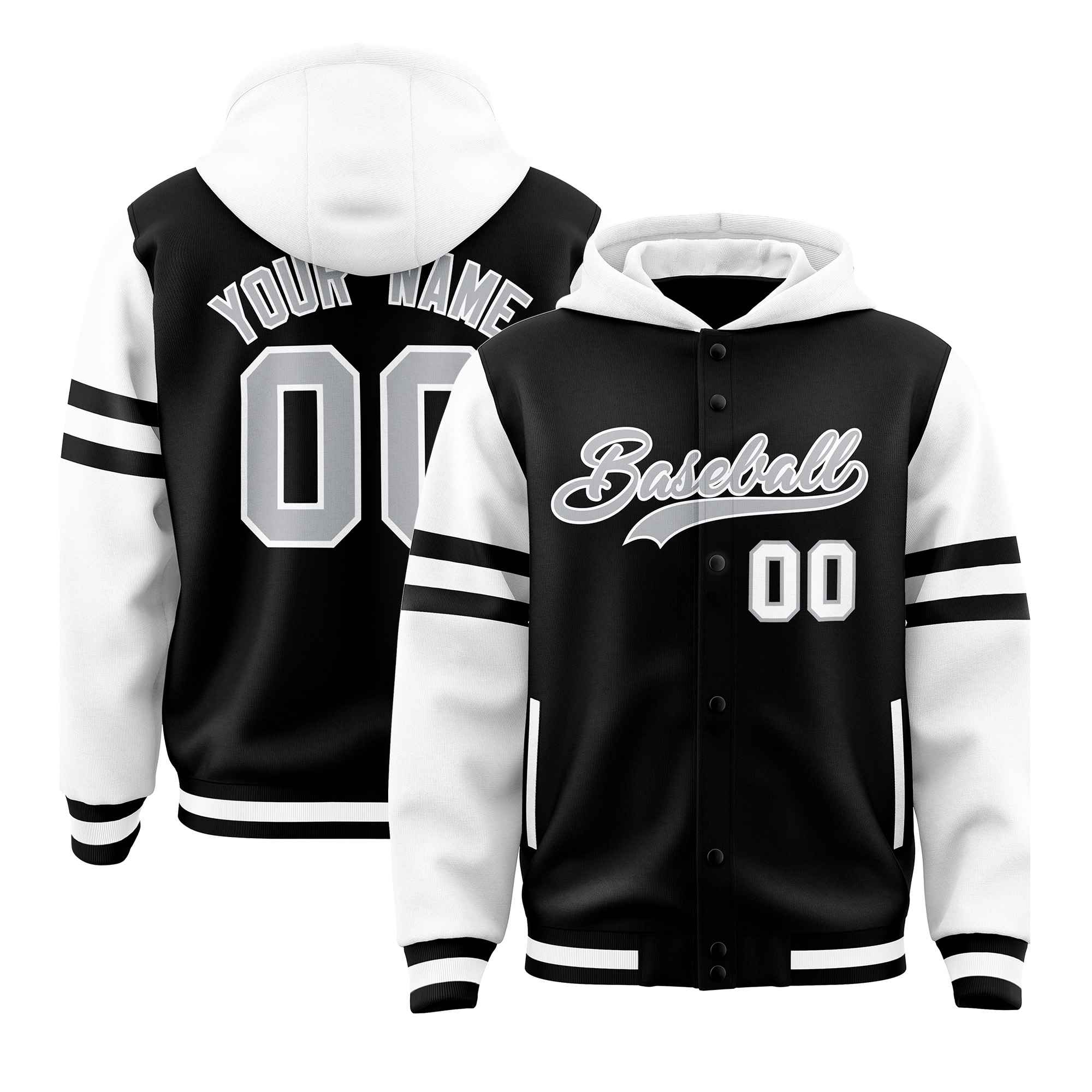 Custom Black White Raglan Sleeves Varsity Full-Snap Letterman Three Stripes Jacket Hoodie| KXKSHOP