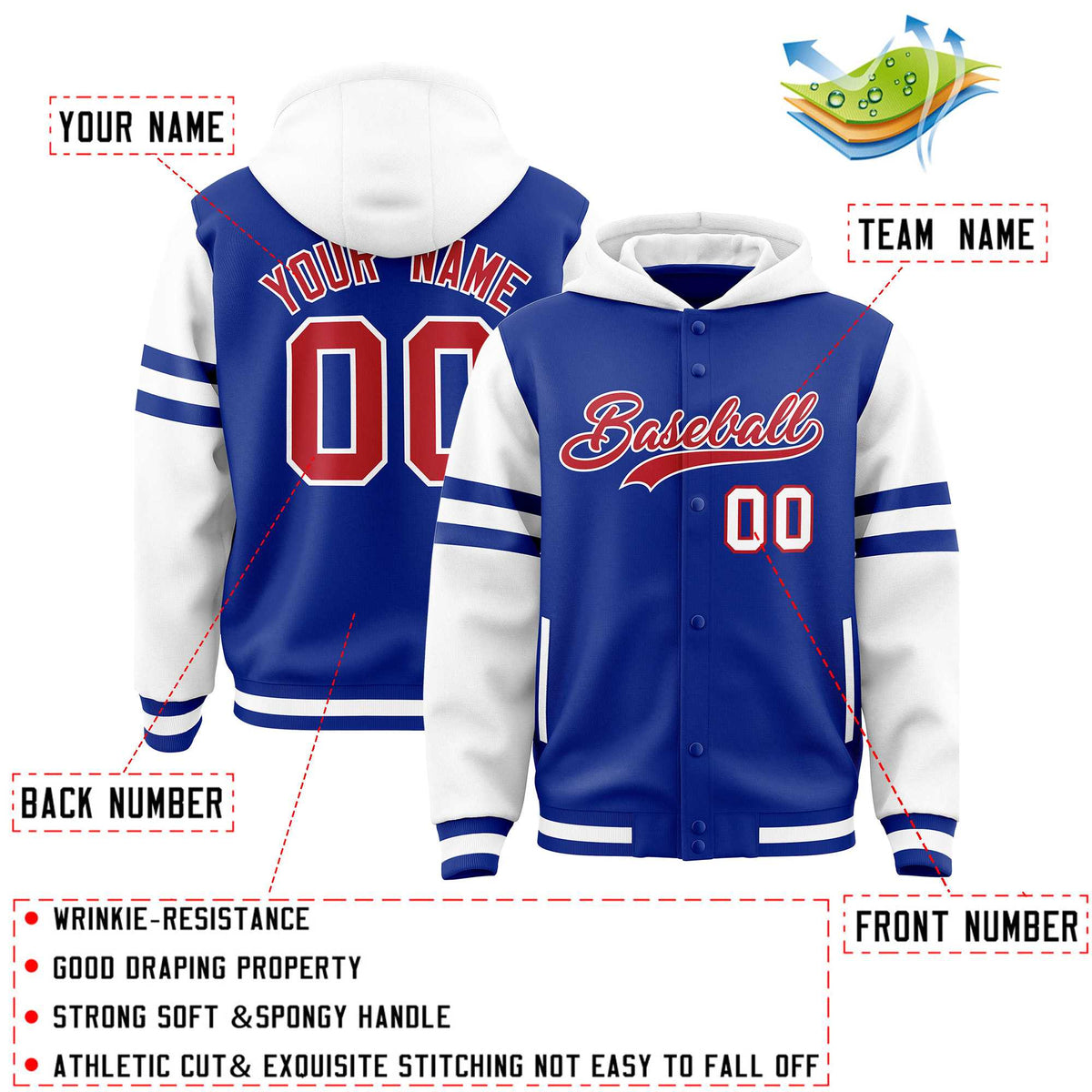 Custom Royal White Raglan Sleeves Varsity Full-Snap Letterman Three Stripes Jacket Hoodie| KXKSHOP