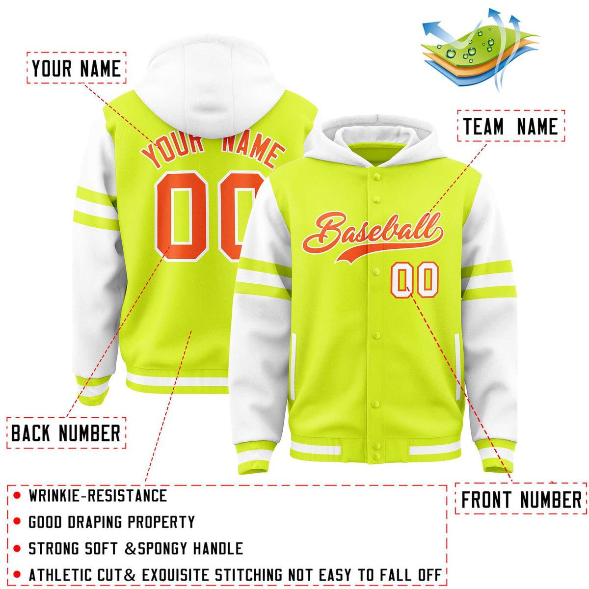 Custom Fluorescent Green White Raglan Sleeves Varsity Full-Snap Letterman Three Stripes Jacket Hoodie| KXKSHOP