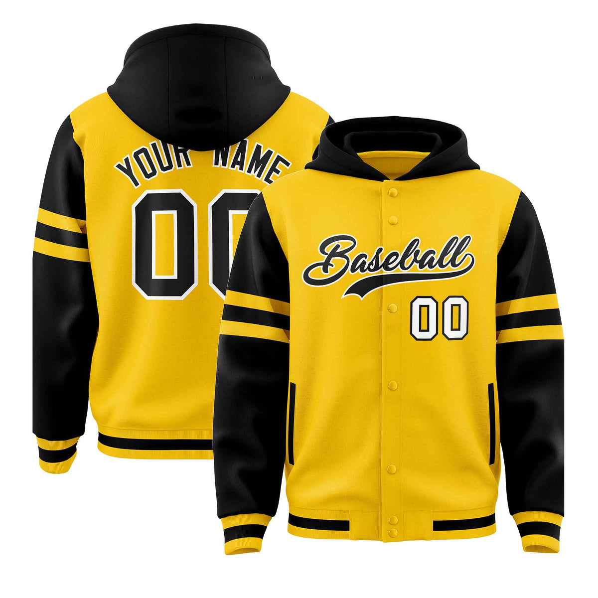 Custom Gold Black Raglan Sleeves Varsity Full-Snap Letterman Three Stripes Jacket Hoodie| KXKSHOP