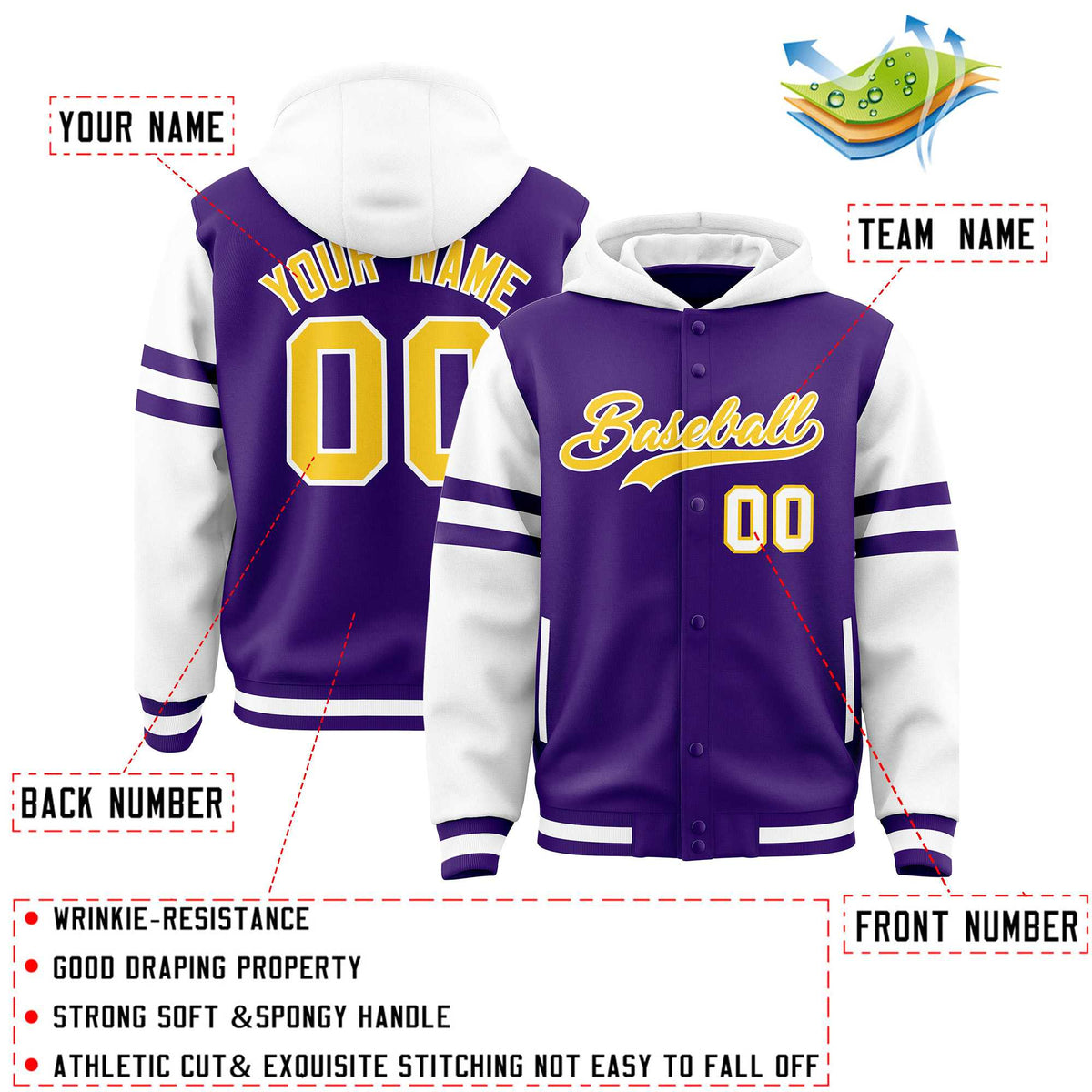 Custom Purple White Raglan Sleeves Varsity Full-Snap Letterman Three Stripes Jacket Hoodie| KXKSHOP