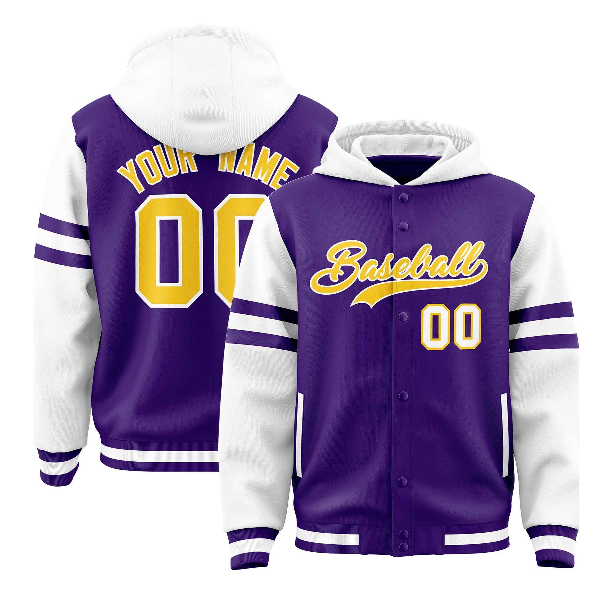 Custom Purple White Raglan Sleeves Varsity Full-Snap Letterman Three Stripes Jacket Hoodie| KXKSHOP