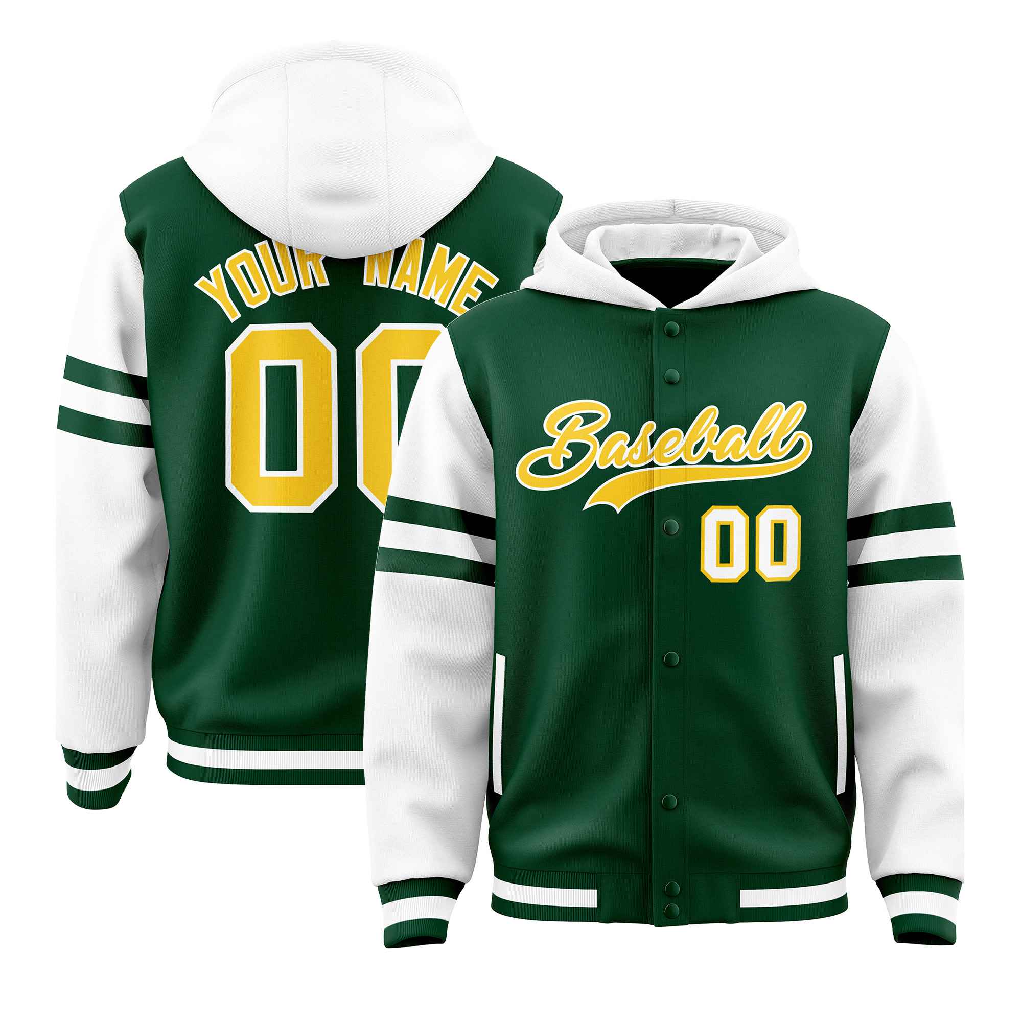 Custom Green White Raglan Sleeves Varsity Full-Snap Letterman Three Stripes Jacket Hoodie| KXKSHOP