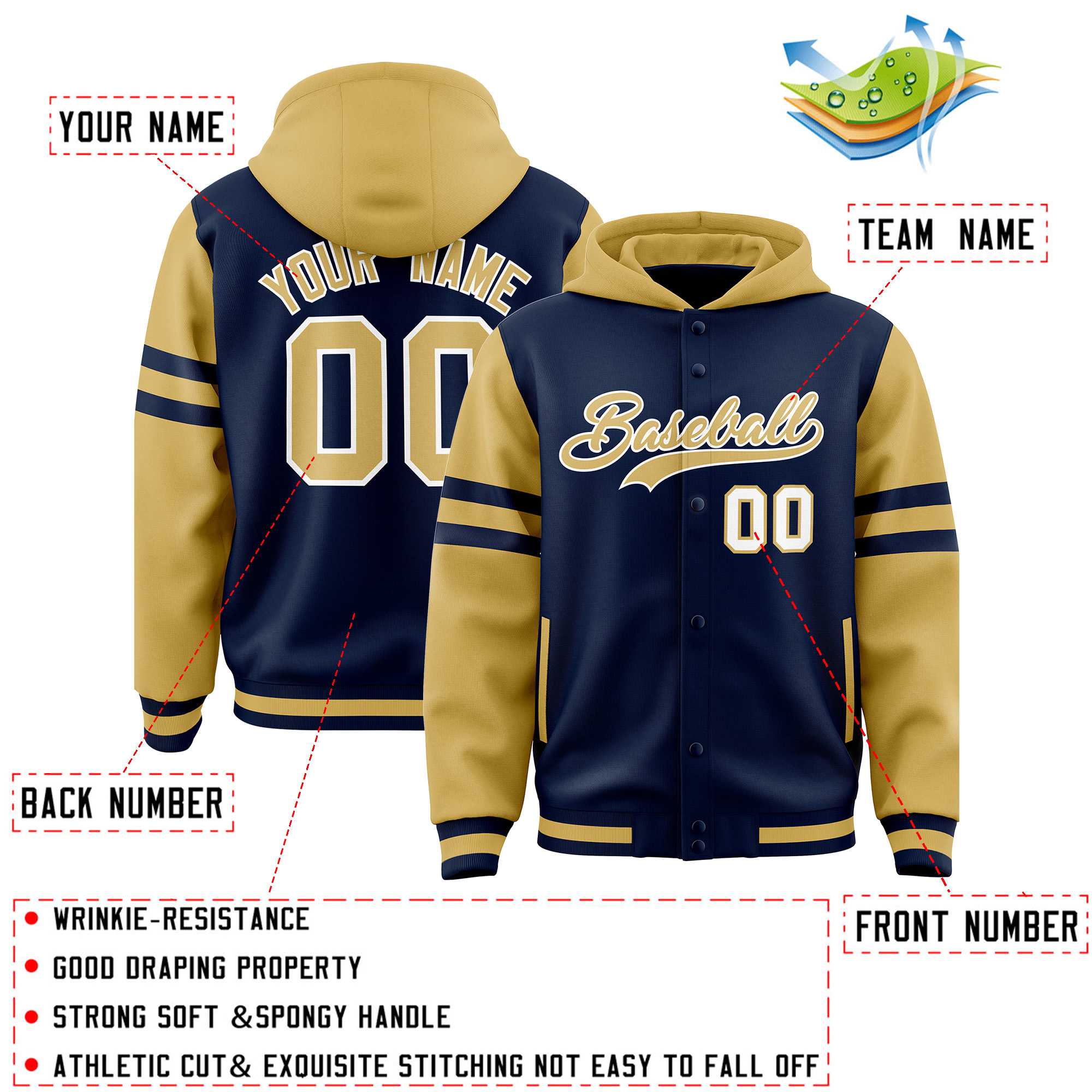 Custom Navy Old Gold Raglan Sleeves Varsity Full-Snap Letterman Three Stripes Jacket Hoodie| KXKSHOP