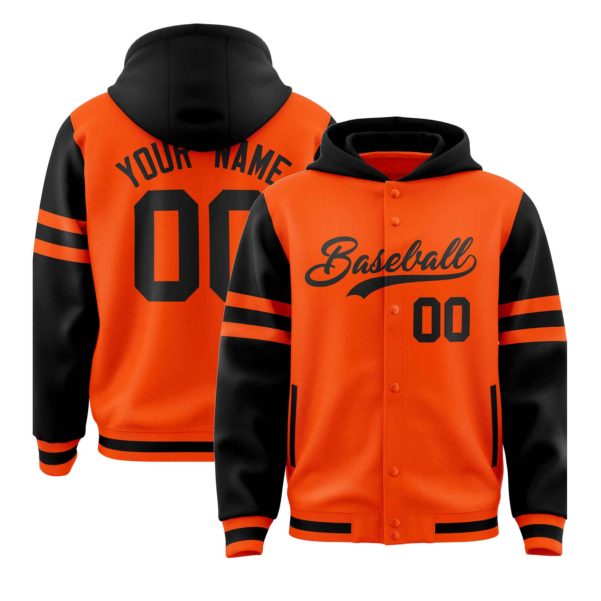 Custom Orange Black Raglan Sleeves Varsity Full-Snap Letterman Three Stripes Jacket Hoodie| KXKSHOP
