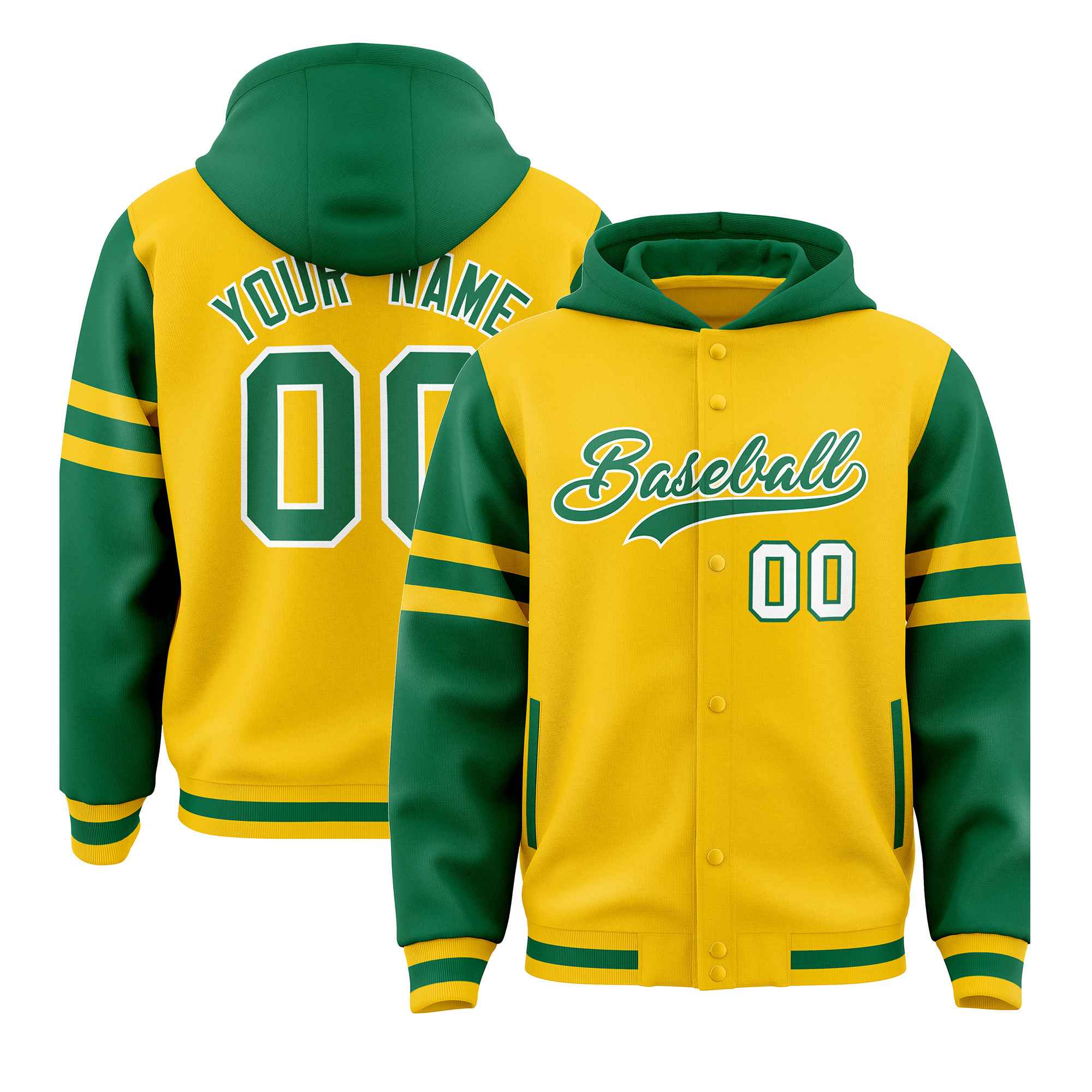 Custom Gold Kelly Green Raglan Sleeves Varsity Full-Snap Letterman Three Stripes Jacket Hoodie| KXKSHOP