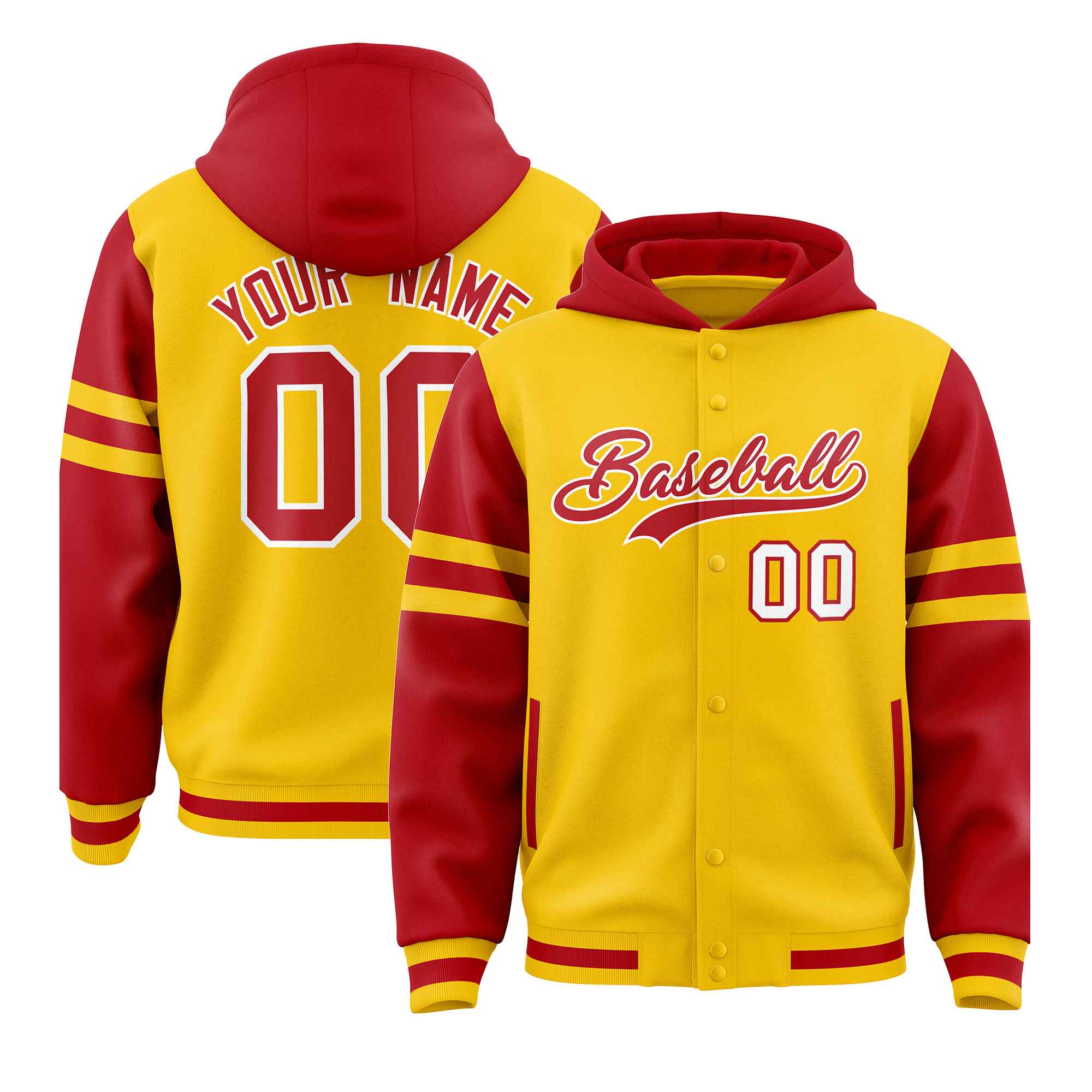 Custom Gold Red Raglan Sleeves Varsity Full-Snap Letterman Three Stripes Jacket Hoodie| KXKSHOP