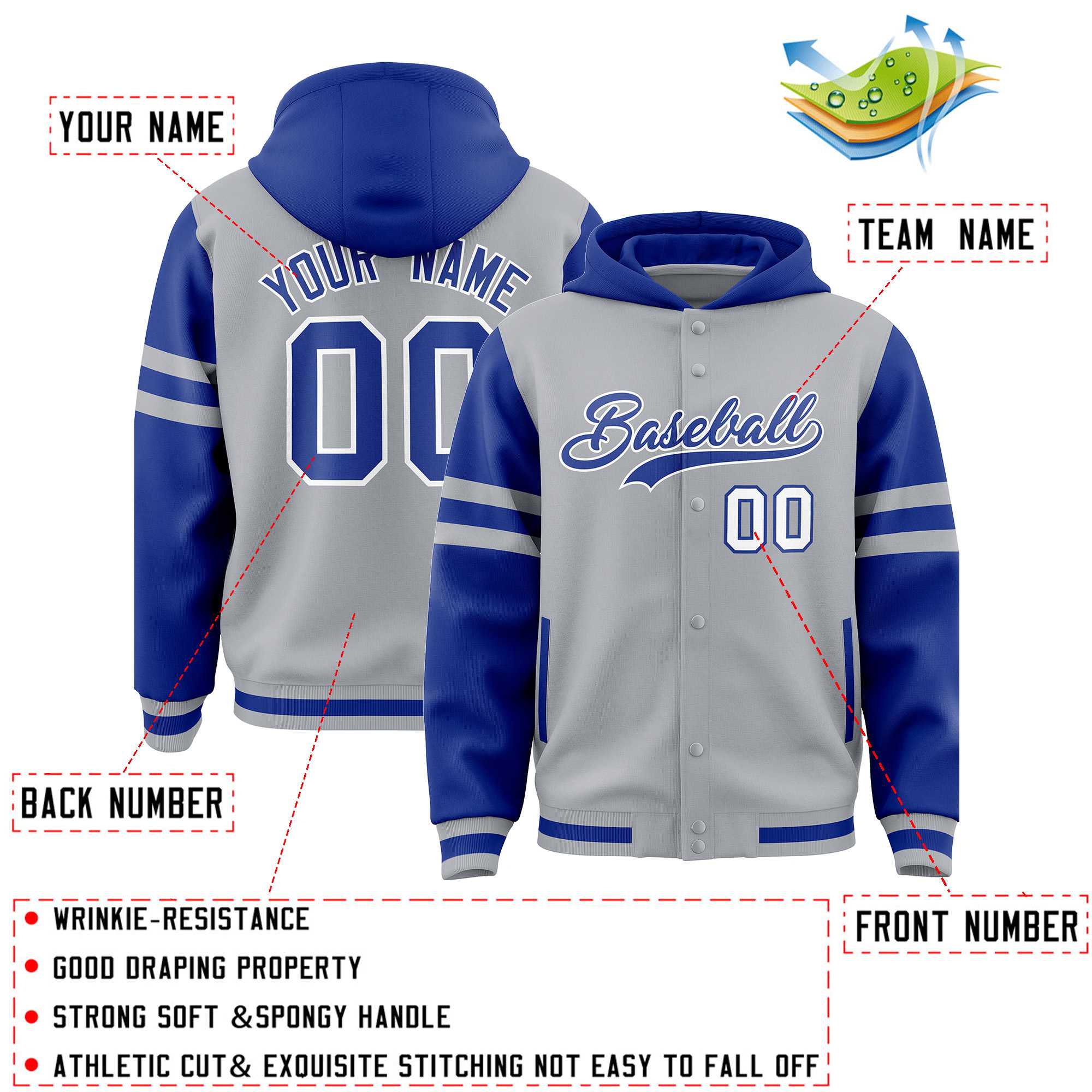 Custom Silver Royal Raglan Sleeves Varsity Full-Snap Letterman Three Stripes Jacket Hoodie| KXKSHOP