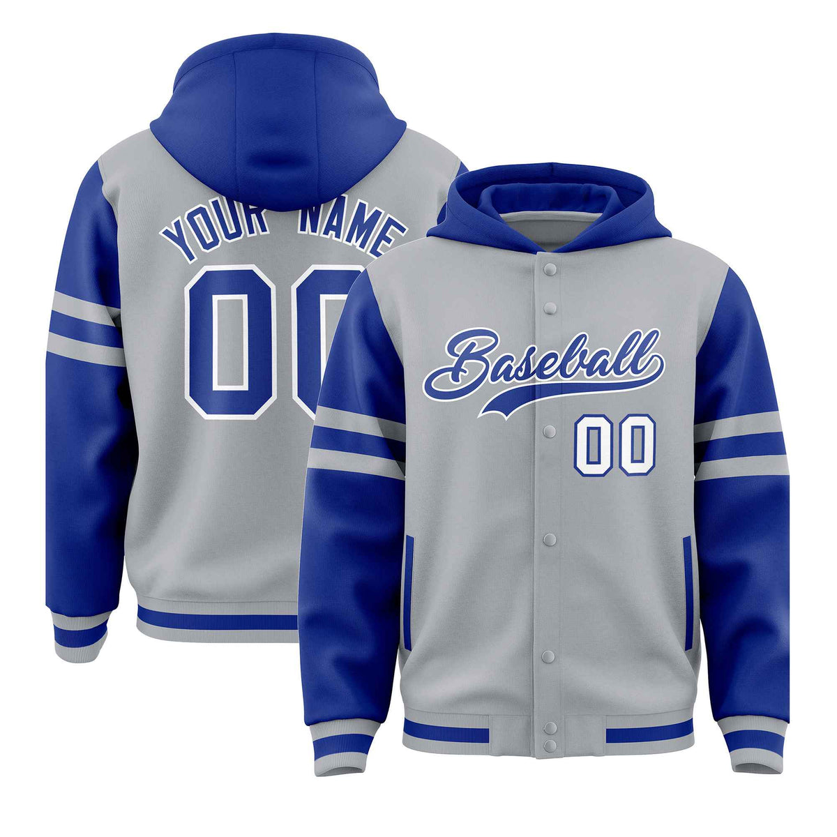 Custom Silver Royal Raglan Sleeves Varsity Full-Snap Letterman Three Stripes Jacket Hoodie| KXKSHOP