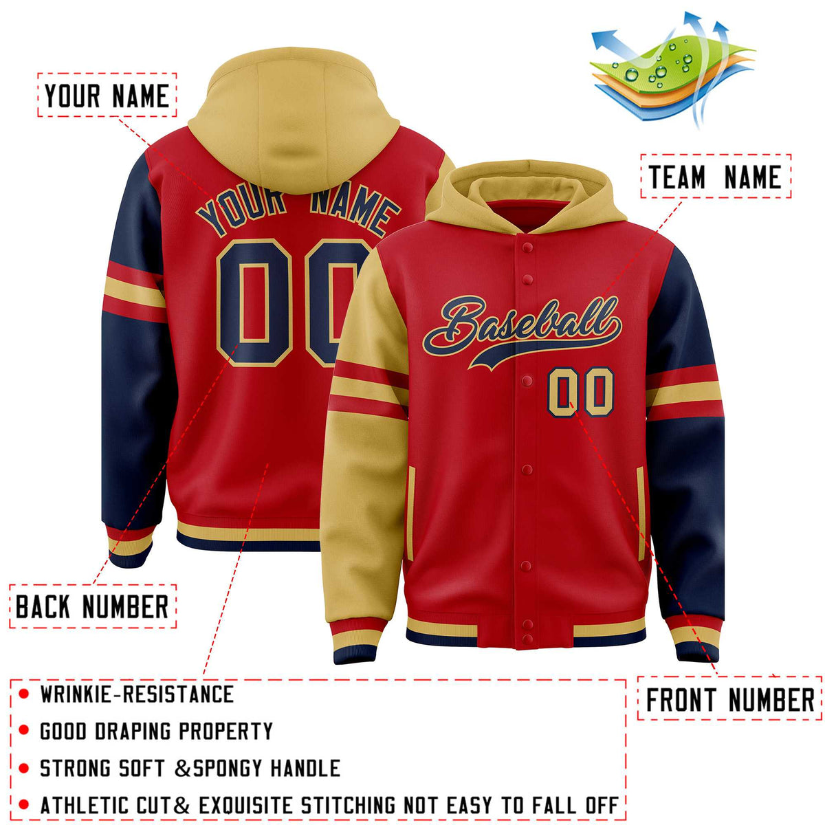 Custom Red Old Gold-Navy Raglan Sleeves Varsity Full-Snap Letterman Three Stripes Jacket Hoodie| KXKSHOP