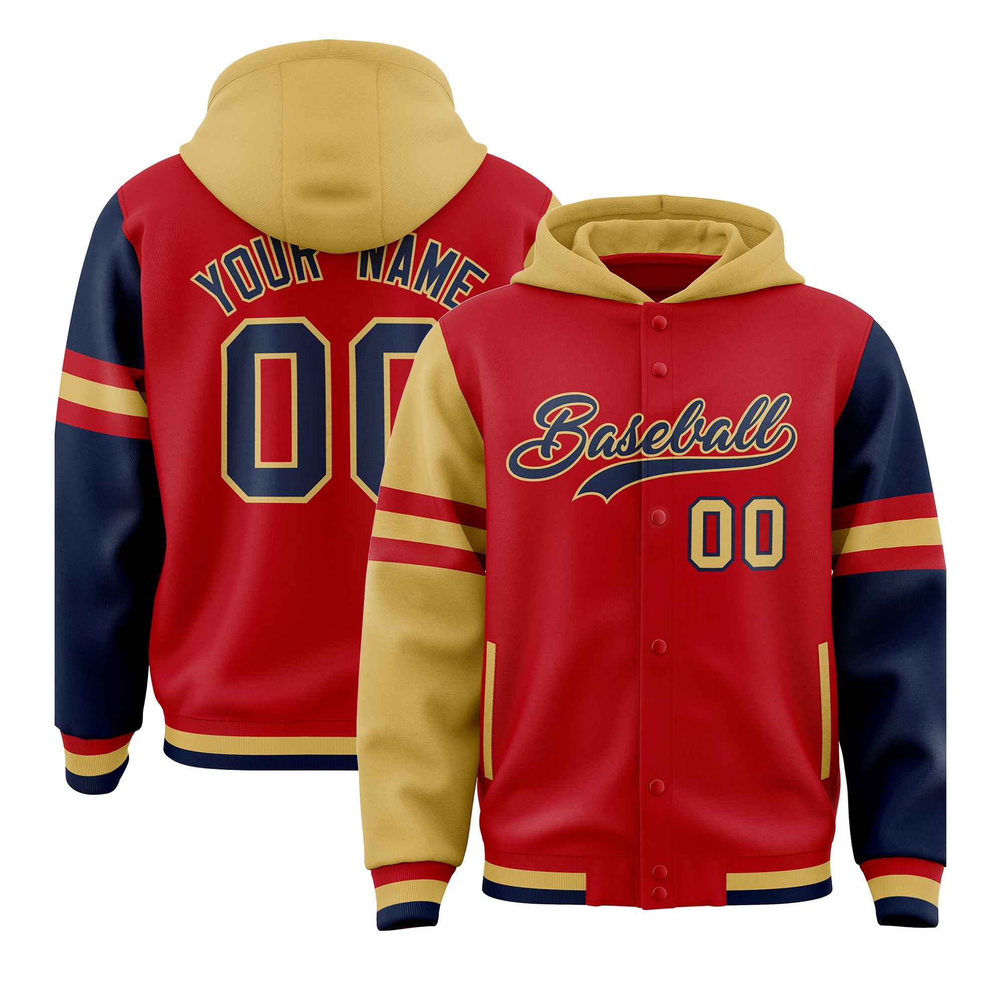 Custom Red Old Gold-Navy Raglan Sleeves Varsity Full-Snap Letterman Three Stripes Jacket Hoodie| KXKSHOP