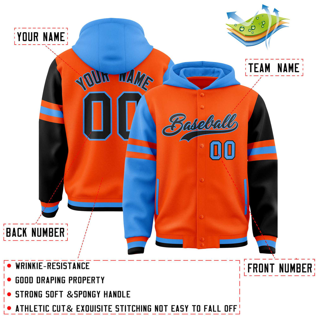 Custom Orange Powder Blue-Black Raglan Sleeves Varsity Full-Snap Letterman Three Stripes Jacket Hoodie| KXKSHOP