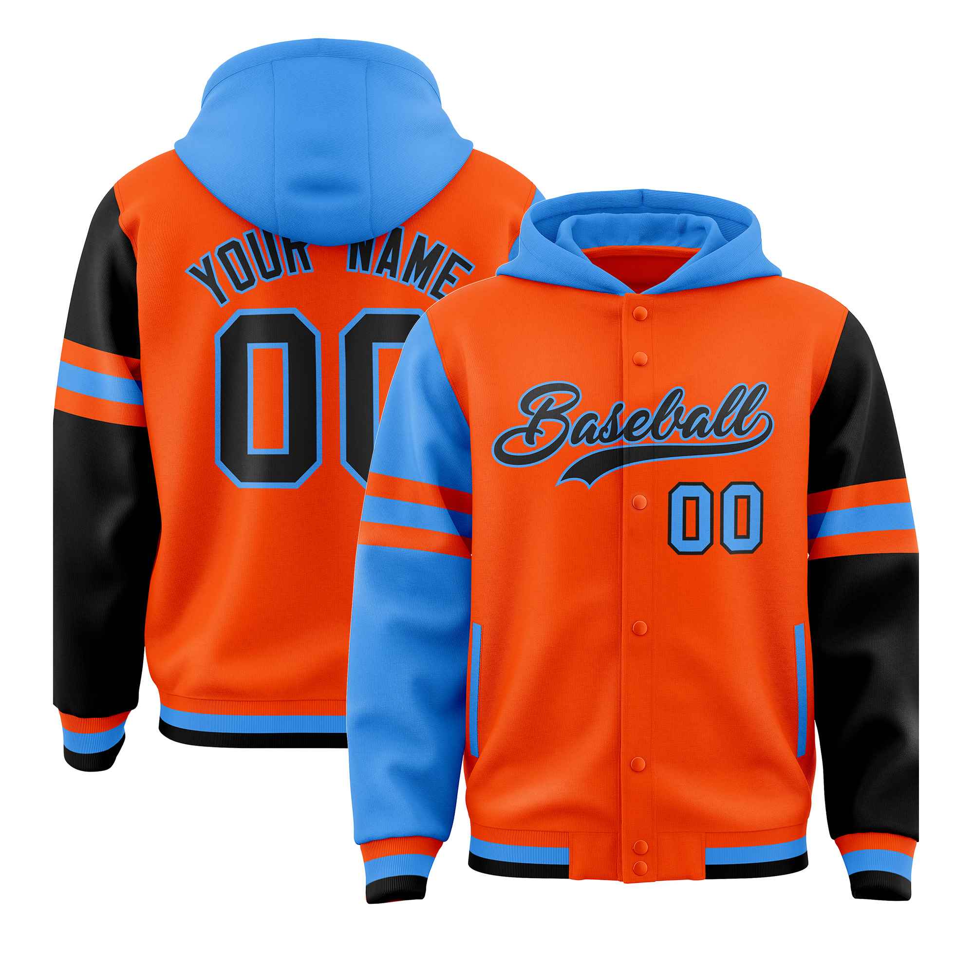 Custom Orange Powder Blue-Black Raglan Sleeves Varsity Full-Snap Letterman Three Stripes Jacket Hoodie| KXKSHOP