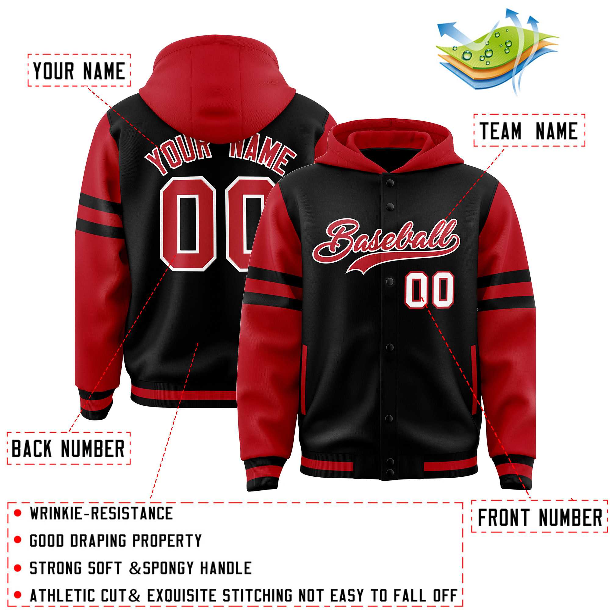 Custom Black Red Raglan Sleeves Varsity Full-Snap Letterman Three Stripes Jacket Hoodie| KXKSHOP