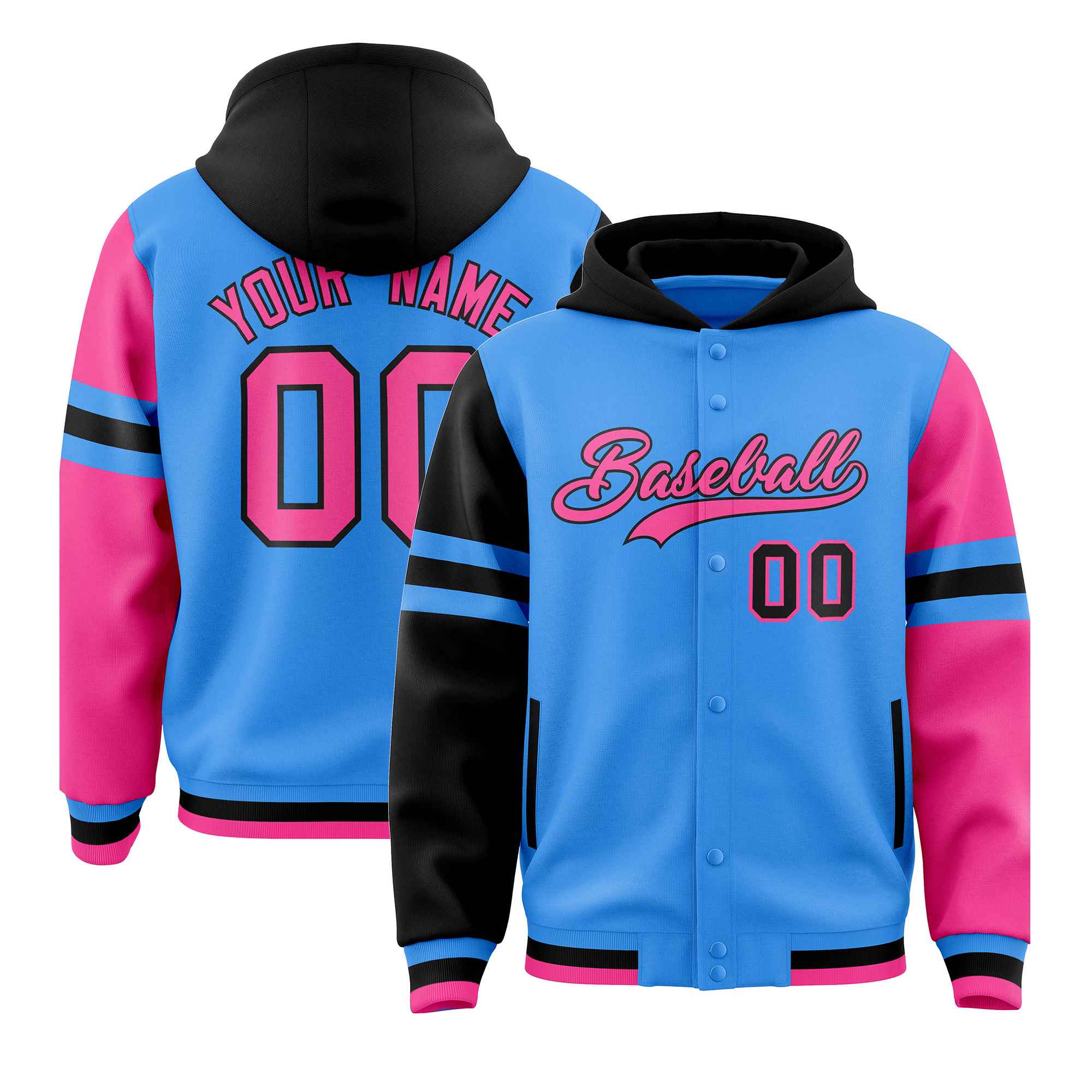 Custom Powder Blue Black-Pink Raglan Sleeves Varsity Full-Snap Letterman Three Stripes Jacket Hoodie| KXKSHOP
