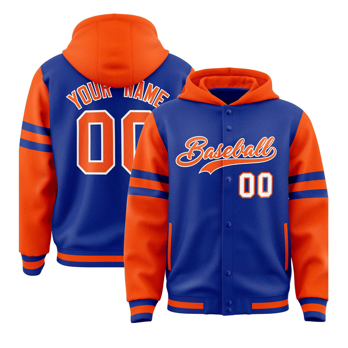 Custom Royal Orange Raglan Sleeves Varsity Full-Snap Letterman Three Stripes Jacket Hoodie| KXKSHOP