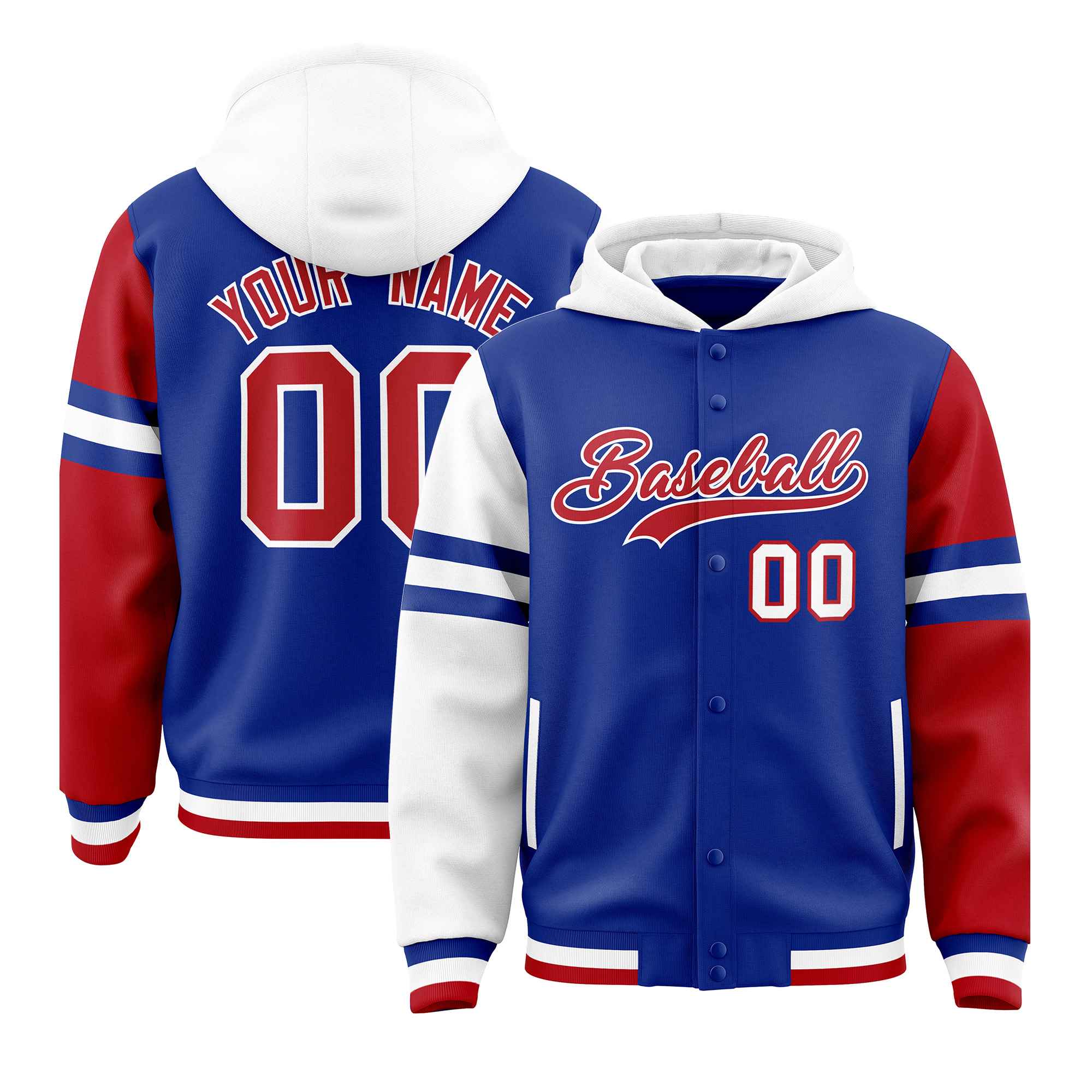 Custom Royal White-Red Raglan Sleeves Varsity Full-Snap Letterman Three Stripes Jacket Hoodie| KXKSHOP