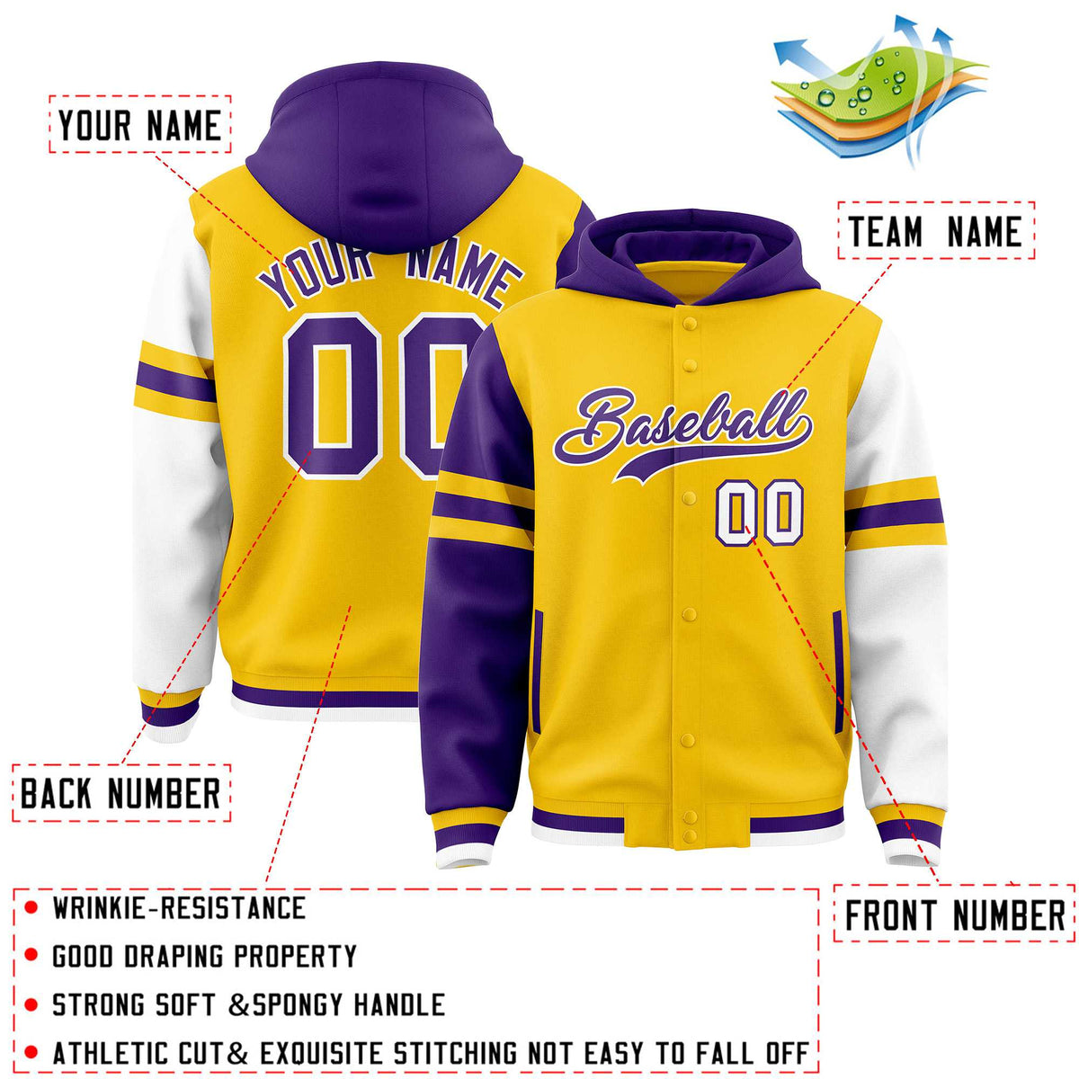 Custom Gold Purple-White Raglan Sleeves Varsity Full-Snap Letterman Three Stripes Jacket Hoodie| KXKSHOP