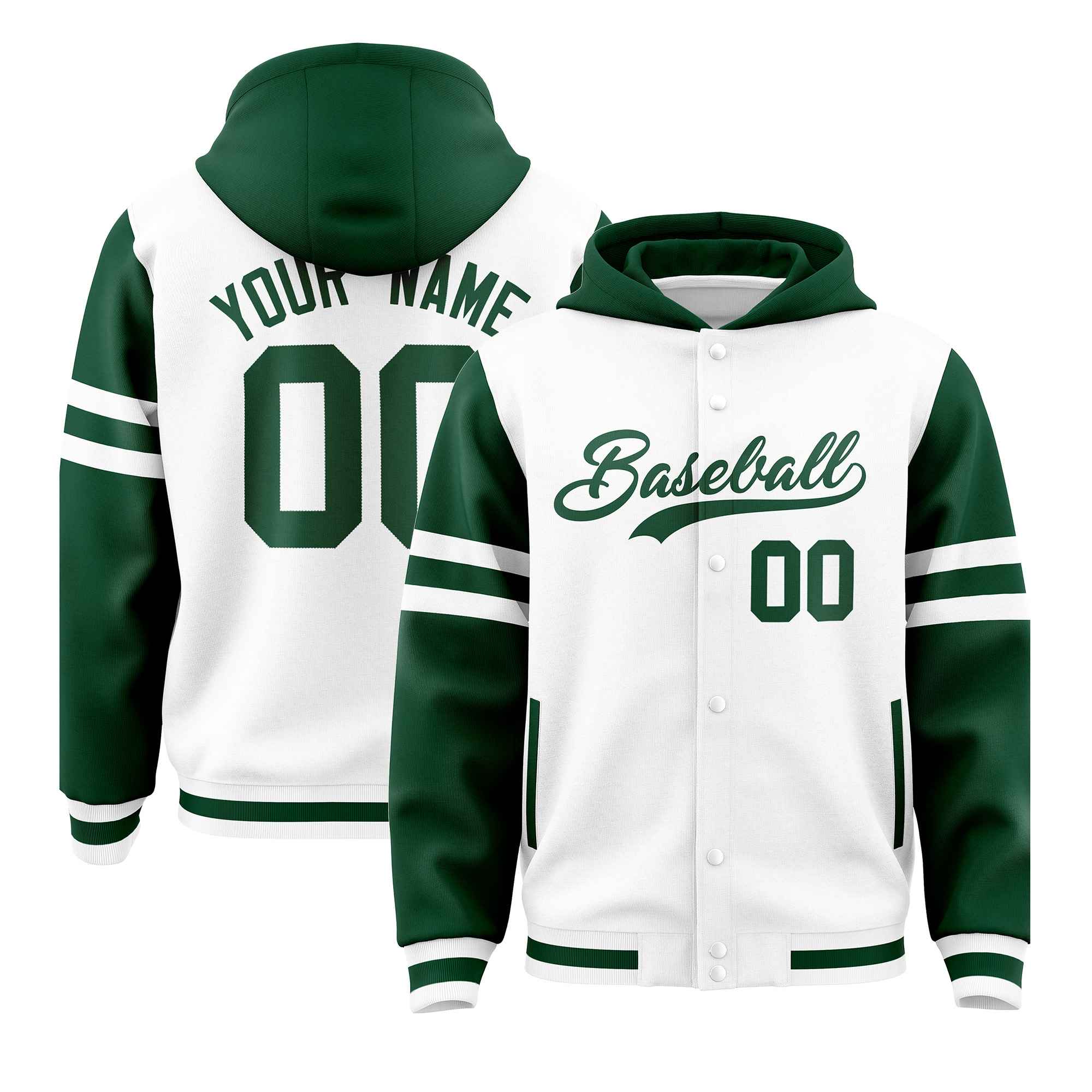 Custom White Green Raglan Sleeves Varsity Full-Snap Letterman Three Stripes Jacket Hoodie| KXKSHOP
