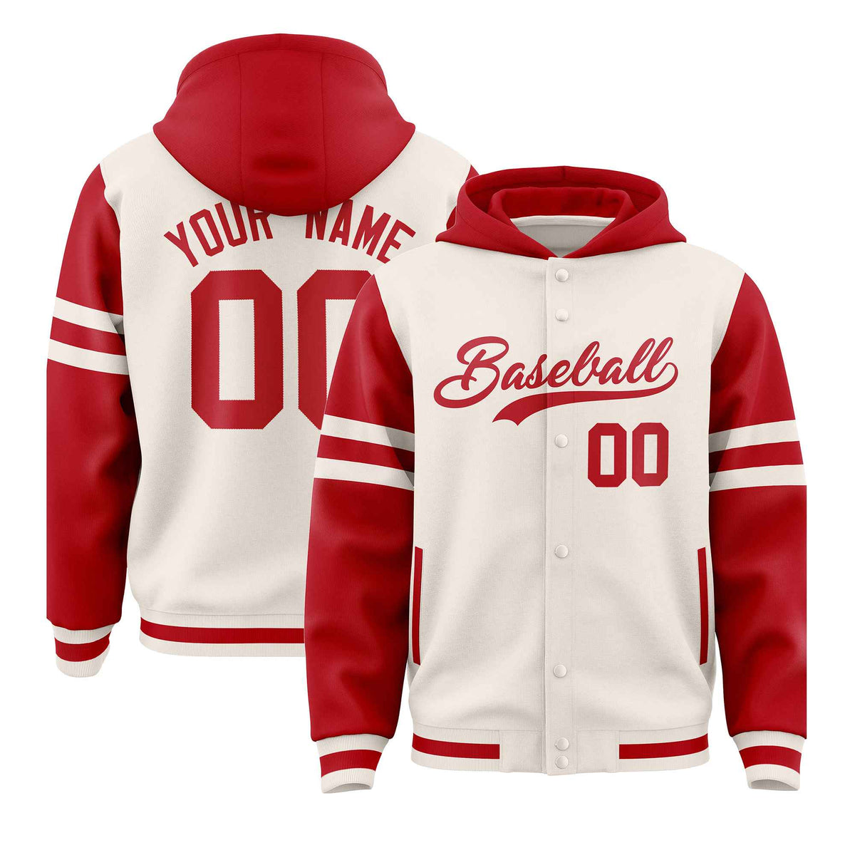 Custom Cream Red Raglan Sleeves Varsity Full-Snap Letterman Three Stripes Jacket Hoodie| KXKSHOP