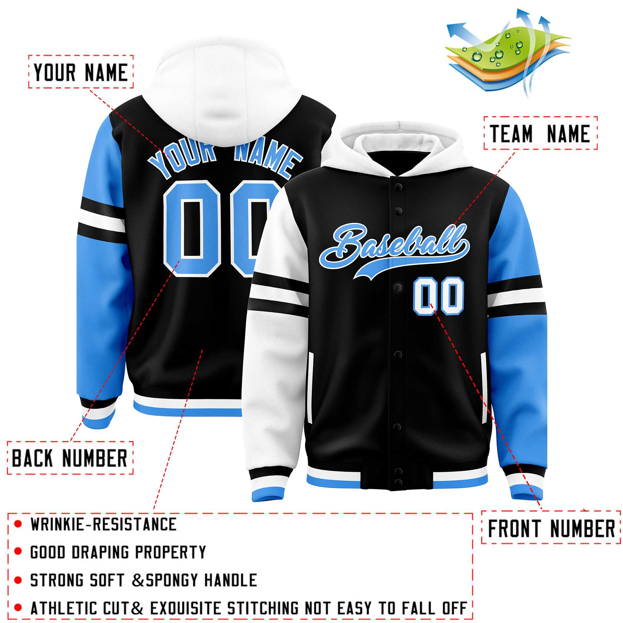 Custom Black White-Powder Blue Raglan Sleeves Varsity Full-Snap Letterman Three Stripes Jacket Hoodie| KXKSHOP