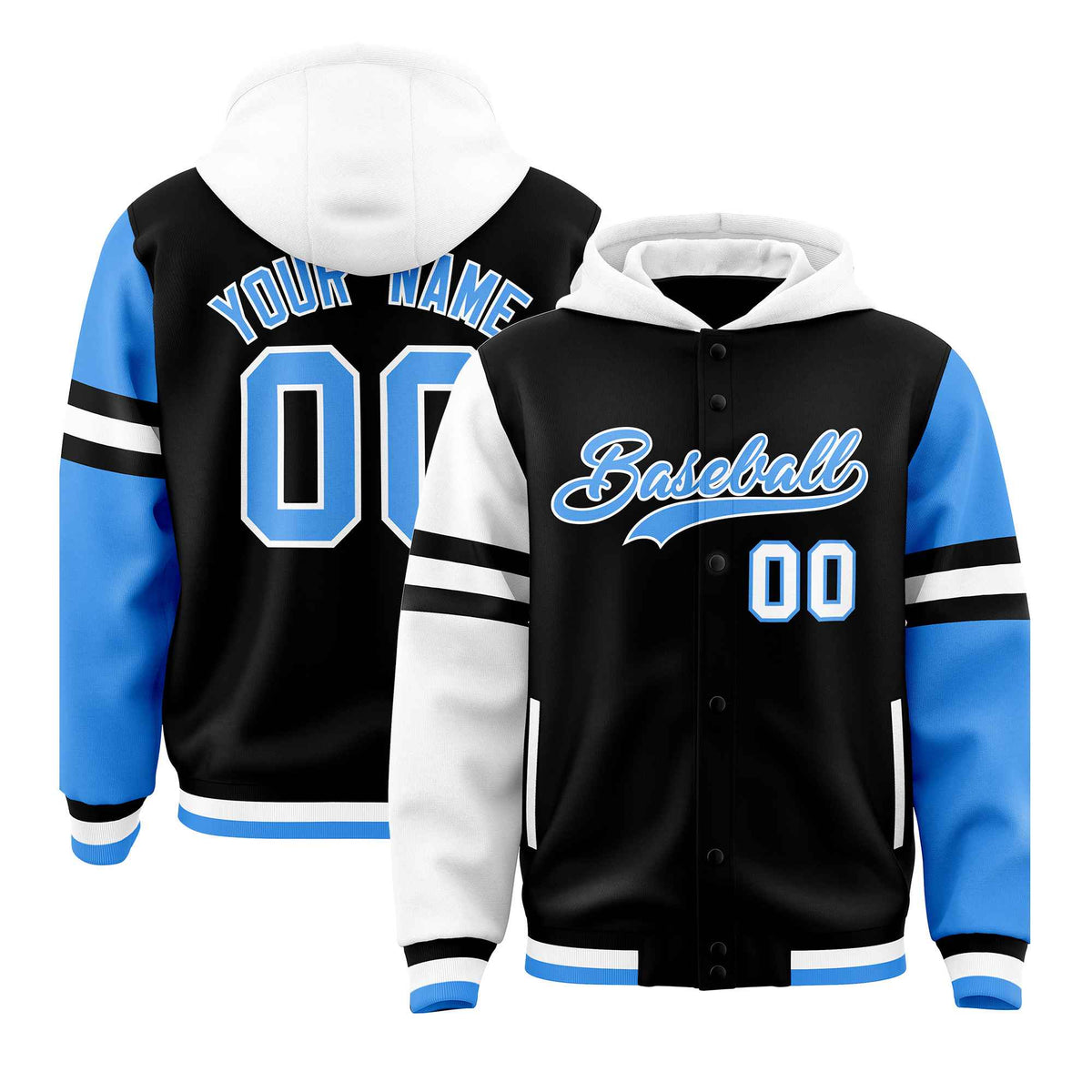 Custom Black White-Powder Blue Raglan Sleeves Varsity Full-Snap Letterman Three Stripes Jacket Hoodie| KXKSHOP