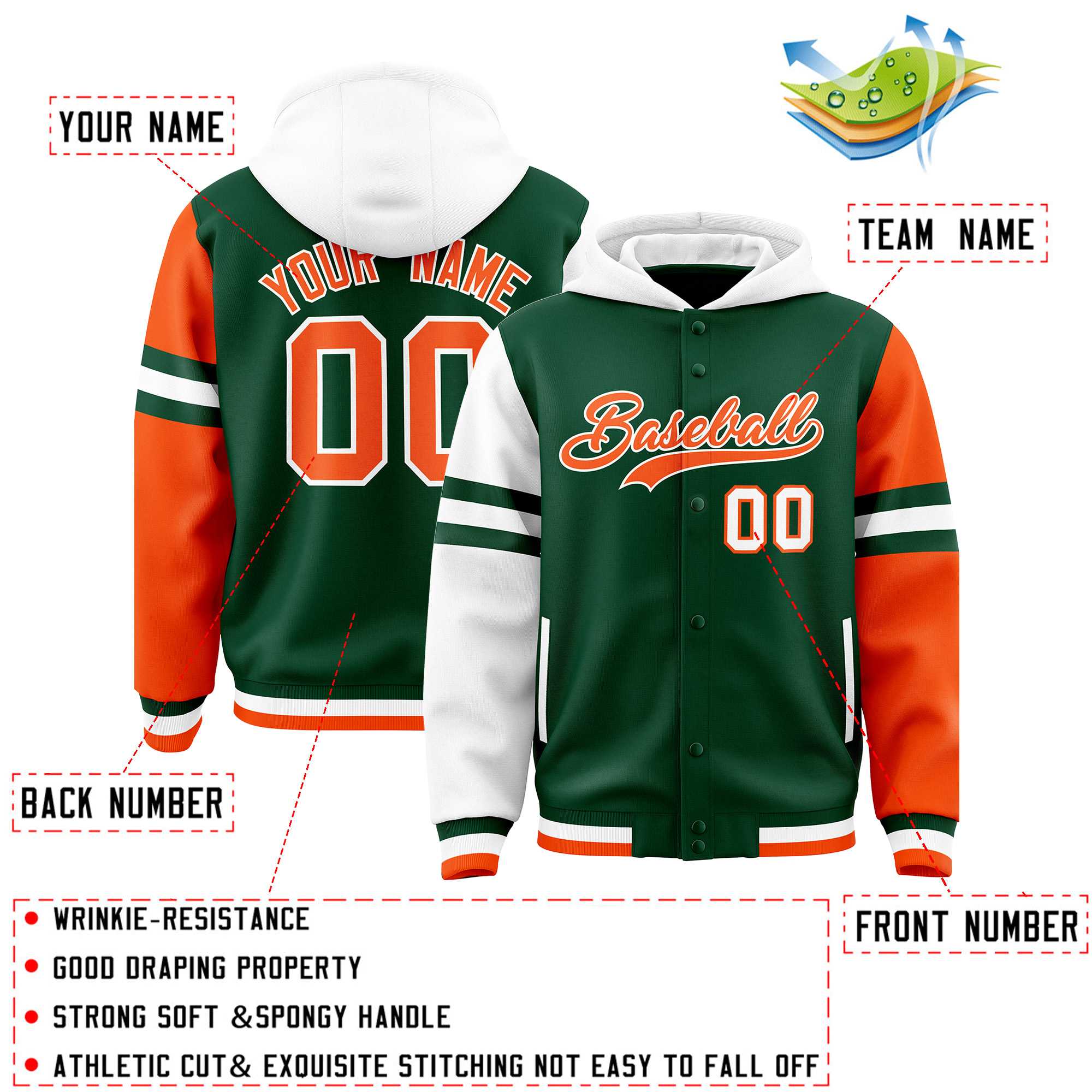 Custom Green White-Orange Raglan Sleeves Varsity Full-Snap Letterman Three Stripes Jacket Hoodie| KXKSHOP